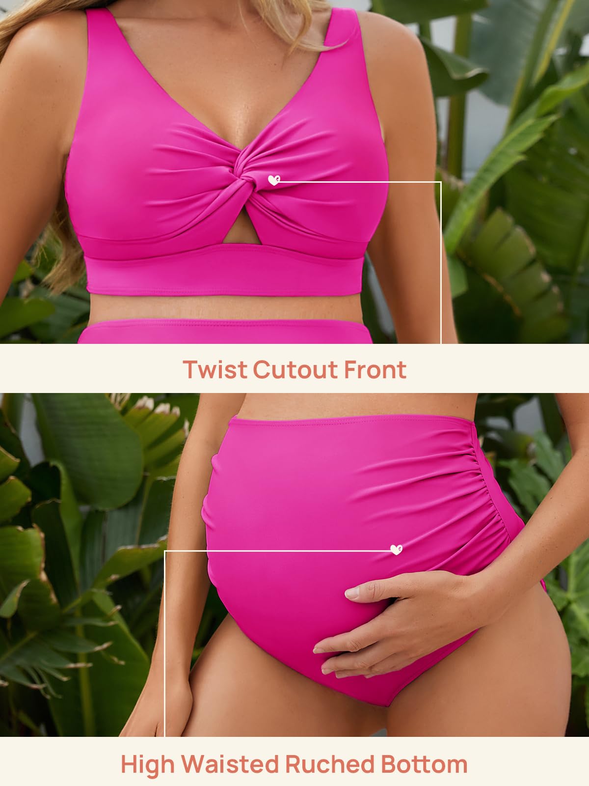 Summer Mae Maillot de Bain 2 pièces de Grossesse torsadé Taille Haute froncé, Rose Vif, 46