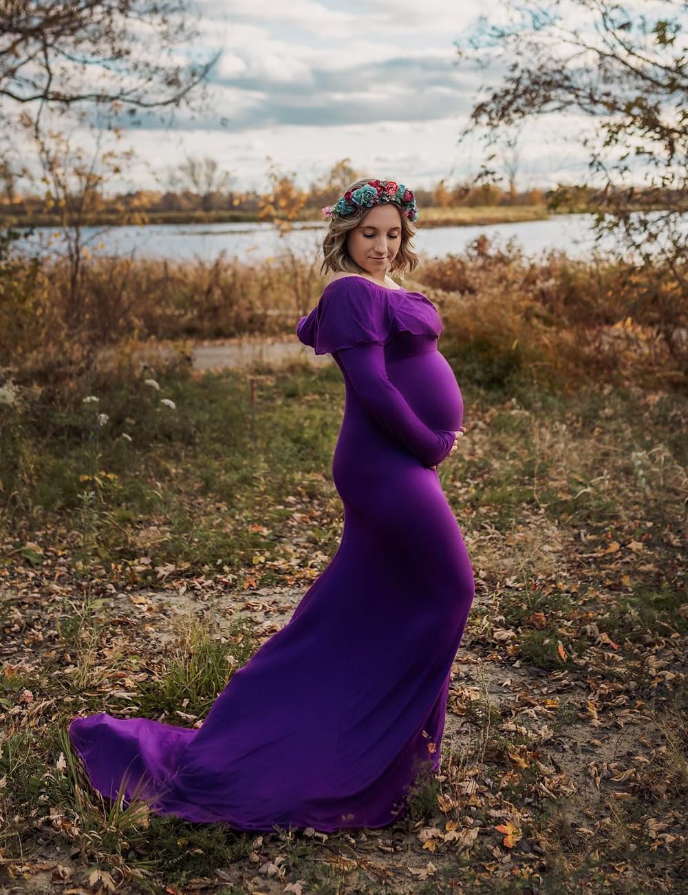 JustVH Maternity Fitted Elegant Gown Long Sleeve Off Shoulder Ruffles Maxi Photography Dress for Photoshoot - Image 3