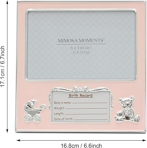 Miniatura 6 de MIMOSA MOMENTS Bear and Pram - Marco de fotos de metal plateado para bebé niña con etiqueta de detalles de nacimiento (4 x 6 horizontal, tono