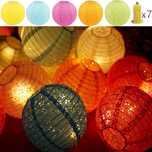 Qlisytpps Paper Lanterns with LED Lights 10 Colours Chinese Japanese Lantern Oriental Style Traditional Asian Bedroom Paper Lamp for Home Wedding Party Decoration 8 Inch (5pcs)Free 2 Spare Lights