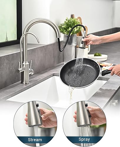 Vista 45 de APPASO Grifo de cocina cuadrado con filtro, grifos de fregadero de 3 vías negro mate con rociador extraíble, 2 modos, arco alto, moderno, 2 asas