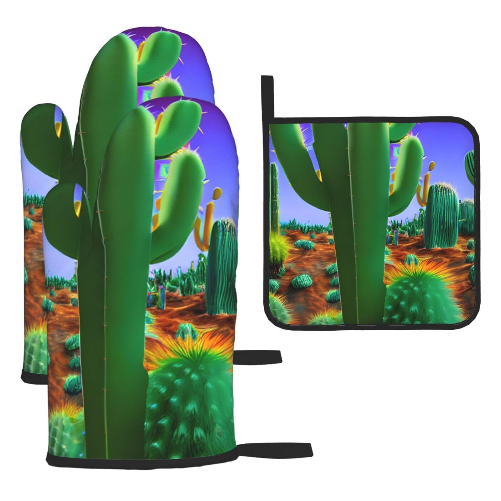 Cactus Desert Print Oven Mitts Kitchen Gloves Set Everyday Baking Grilling Microwaving Cooking Gift