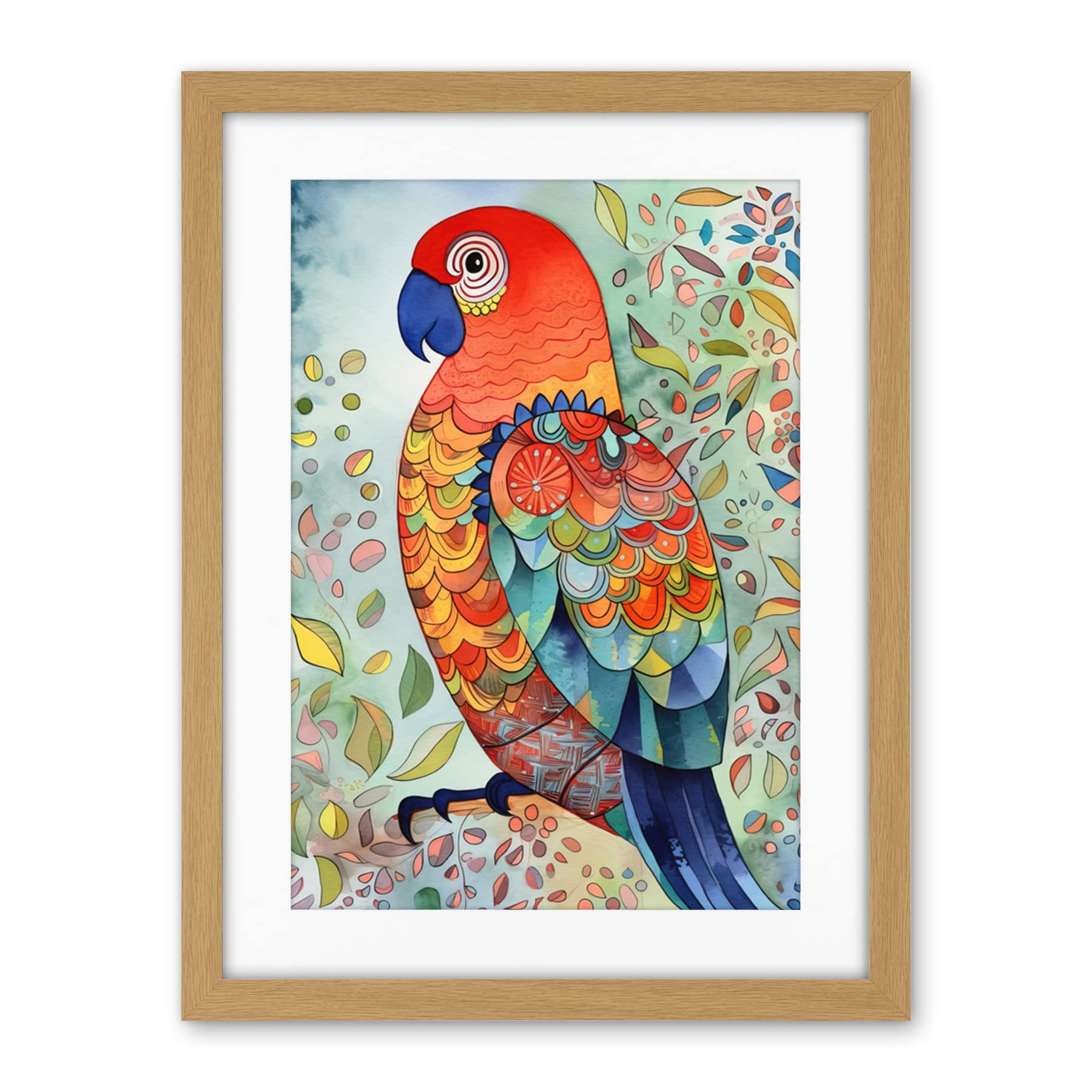 Artery8 Parrot Bird Portrait Folk Art Watercolour Painting Artwork Framed Wall Art Print 18X24 Inch
