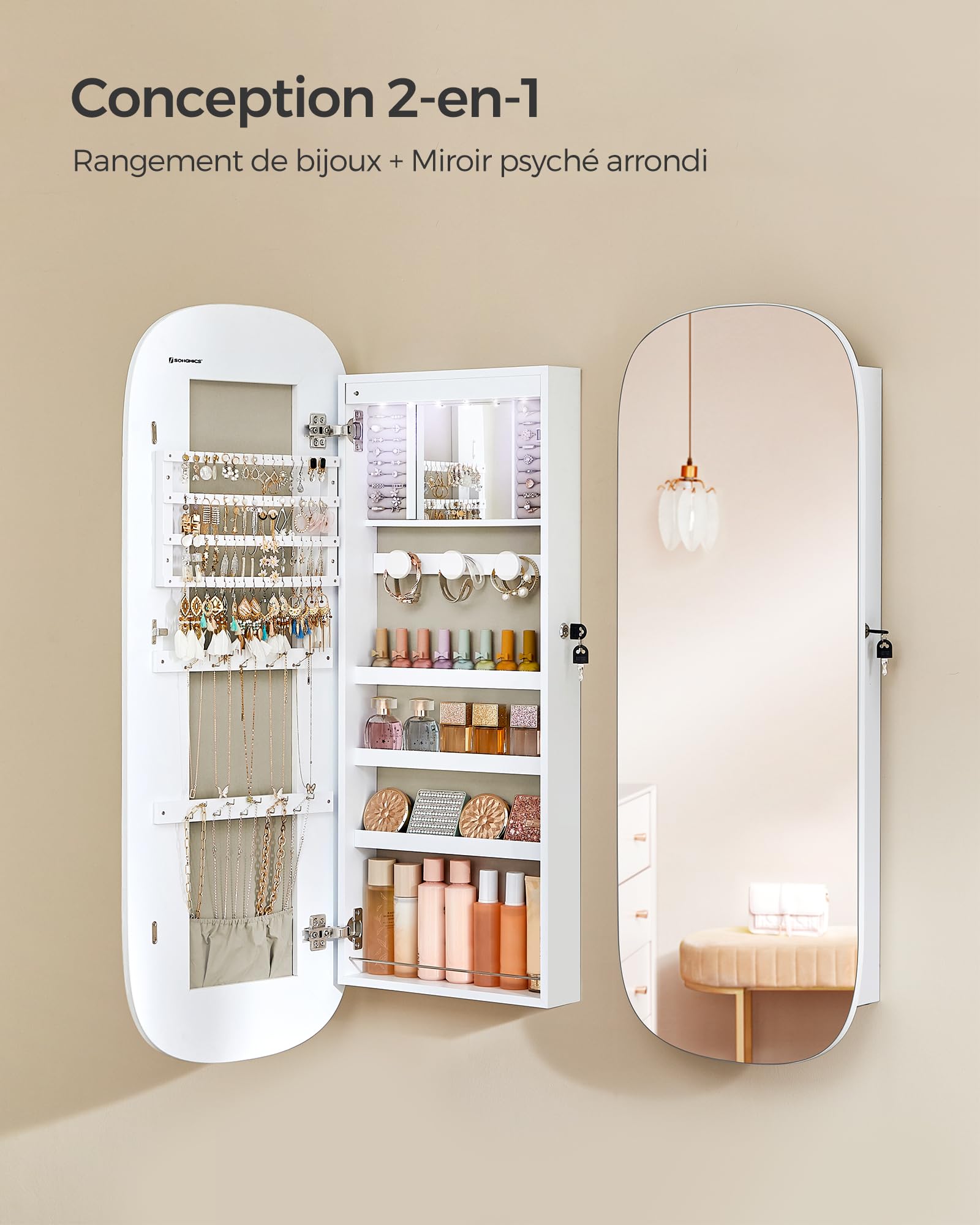 SONGMICS Armoire à Bijoux, Miroir Mural avec LED et Serrure, Miroir Psyché avec Plusieurs Compartiments, pour Boucles d’Oreilles, Colliers, Surface Blanche et Doublure Grise Beige JJC026W01