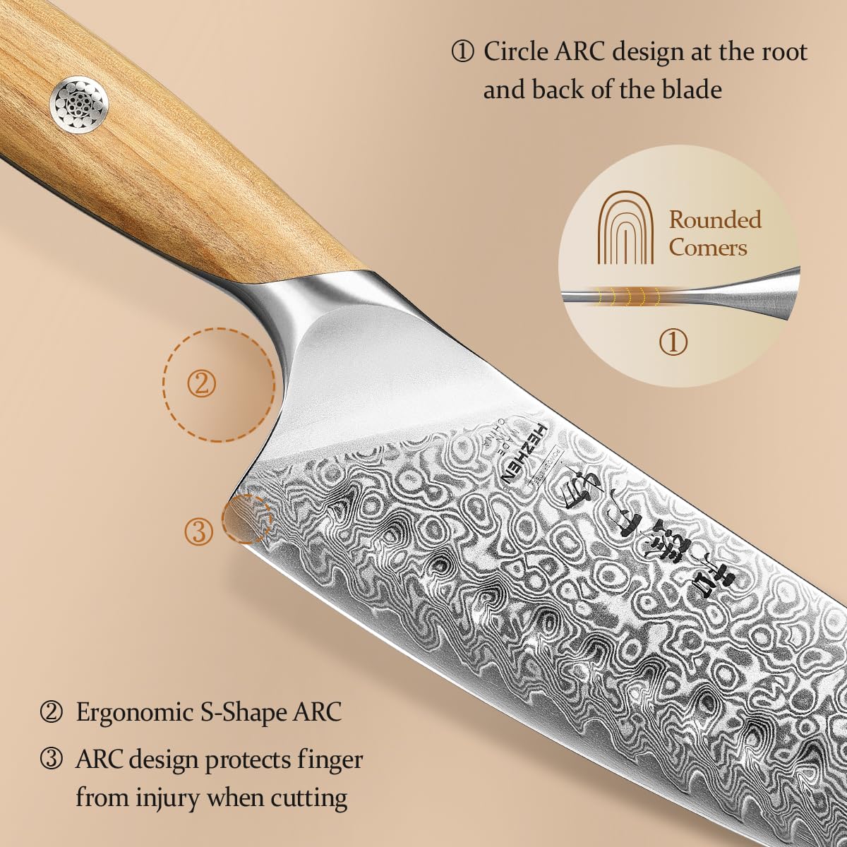 HEZHEN Couteau de Santoku Damas, Style Japonais en Acier Damas 73 Couches, Cuchillo de Damasco Manche Ergonomique en Bois D'olivier