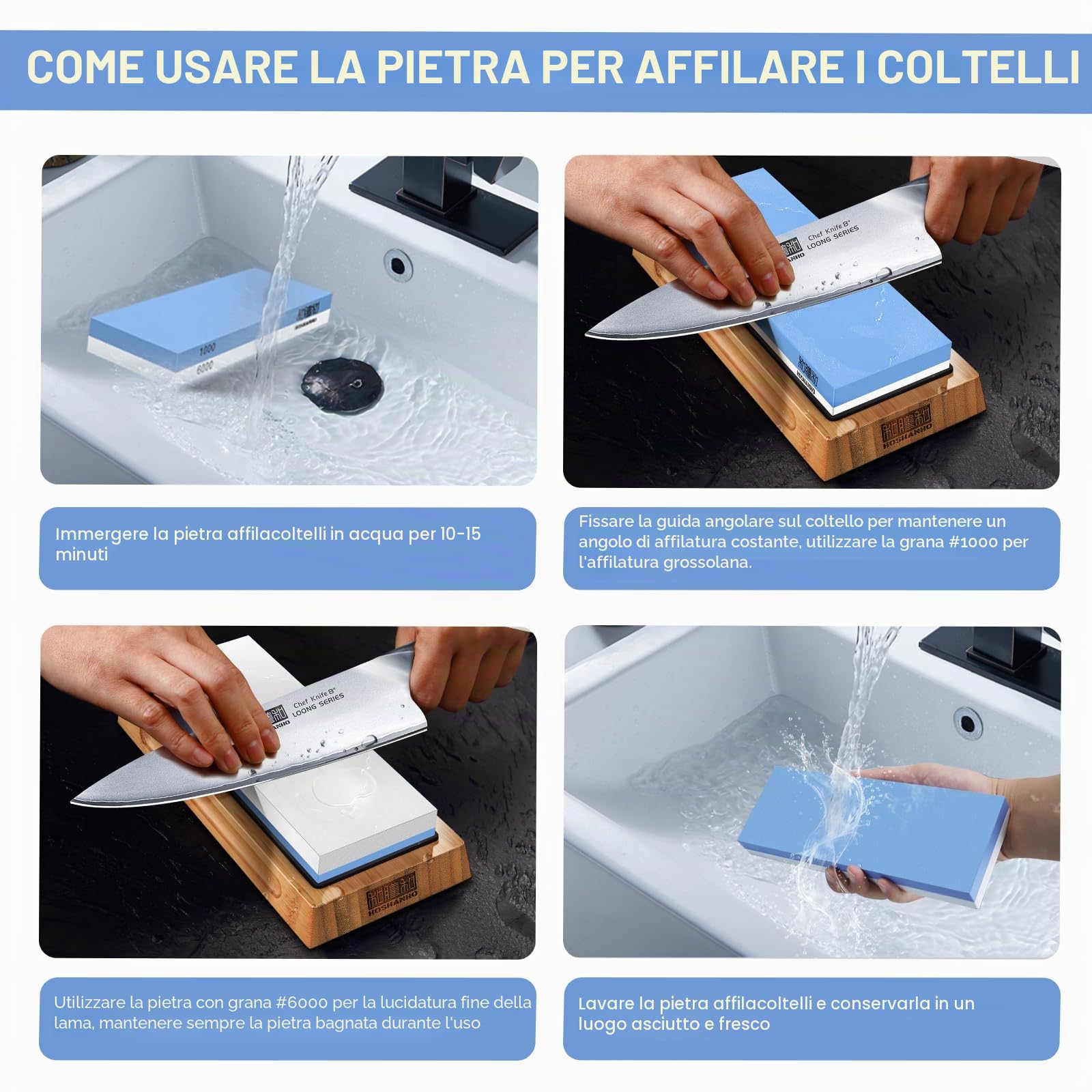 HOSHANHO Pietre per Affilare Grana 1000/6000 - Pietra Affilacoltelli Professionale, 2-in-1 Affilacoltelli Cote, Affila Coltelli con Base in Silicone Antiscivolo e Guida Angolare