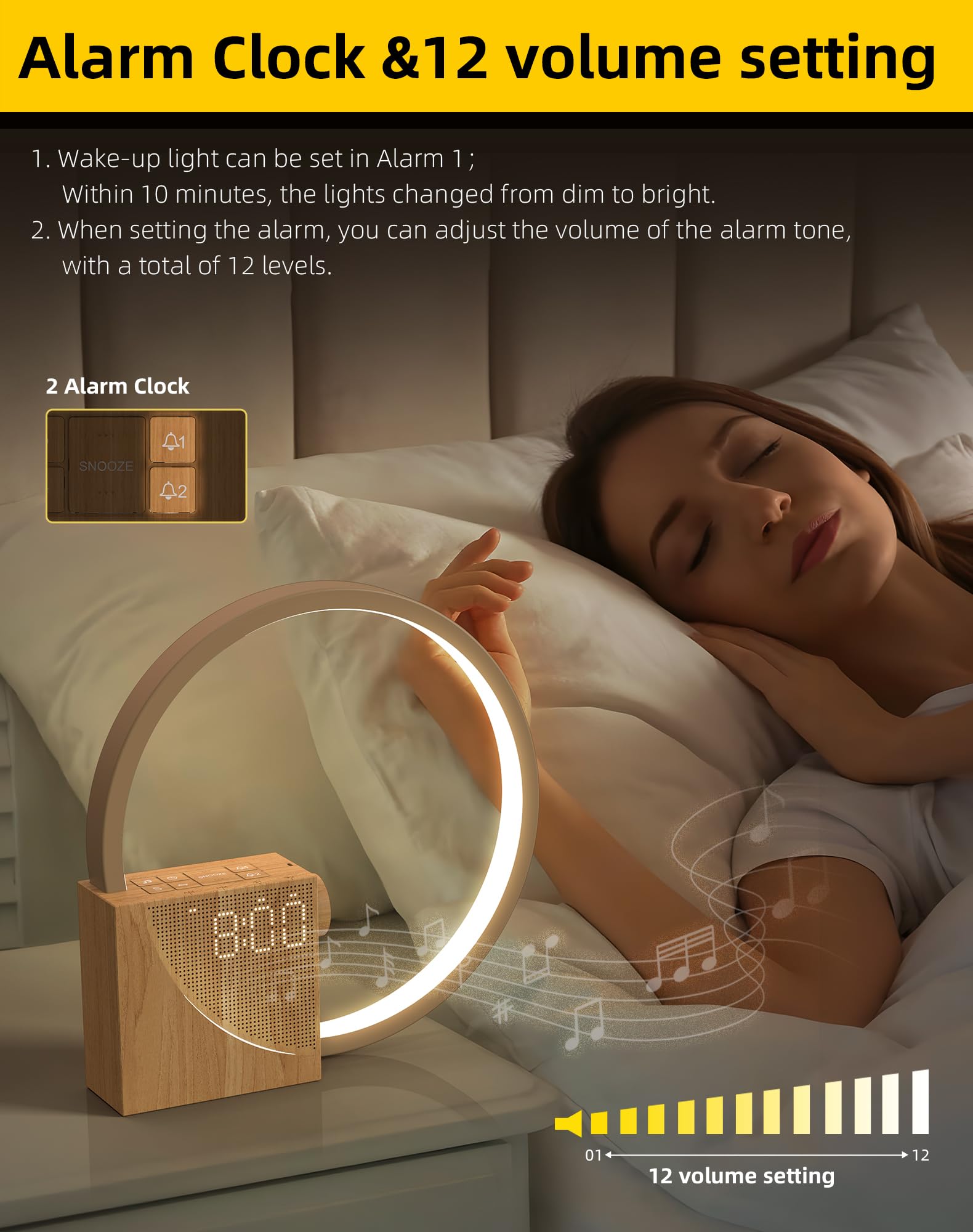 Lampe de Chevet LED avec Réveil, Wake up Light, USB, 3 Modes d'Éclairage, 10 Sons Naturels, Bois