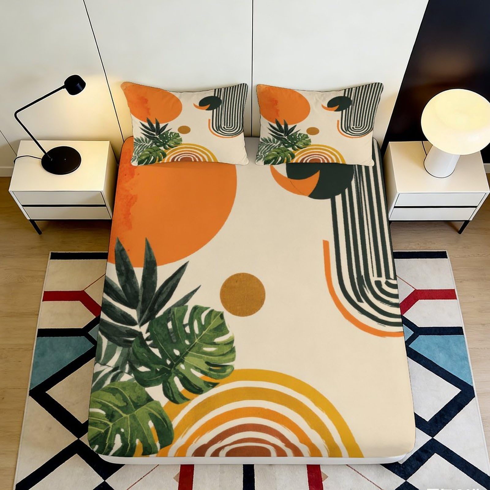 3D Printed Abstract Geometric Fitted Sheet Microfiber Orange Green Tropical Leaf Mattress Cover for Bedroom Guest Room Decor 160x200x25cm