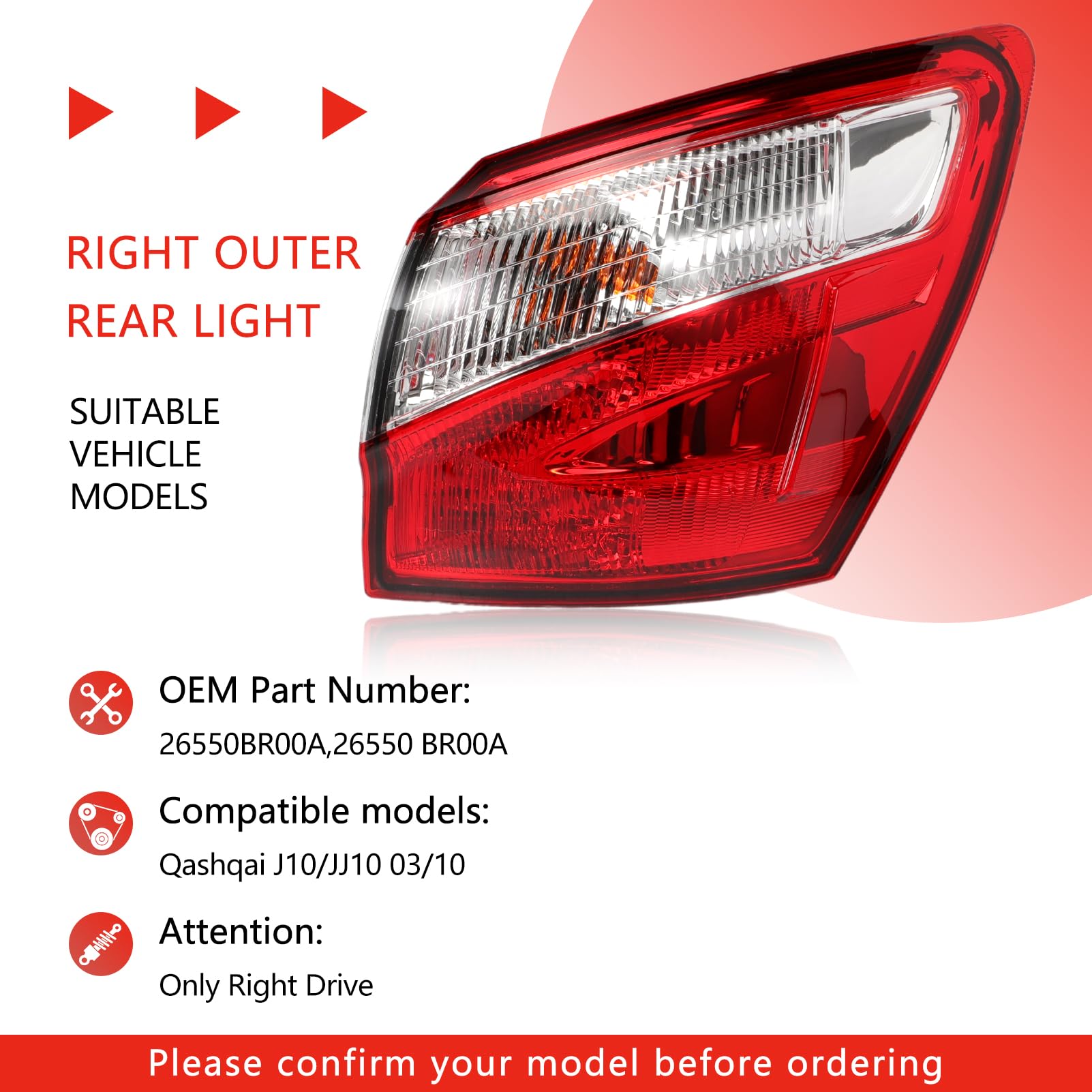 Fanale posteriore Destro per Qashqai J10 SUV 2010-2014 Gruppo Fanali Posteriore per Qashqai 5 e 7 posti Luci Posteriore 26555BR00A ULT115003 Gruppo Faro Posteriore