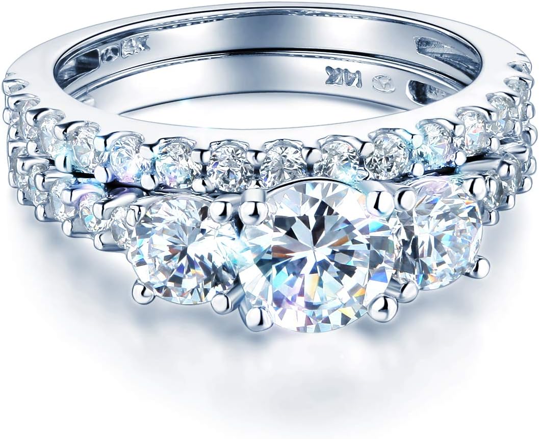 Wellingsale Ladies Solid 14k White Gold Polished CZ Cubic Zirconia Round Cut Three 3 Stone Engagement Ring with Side Stones and Wedding Band Bridal Set