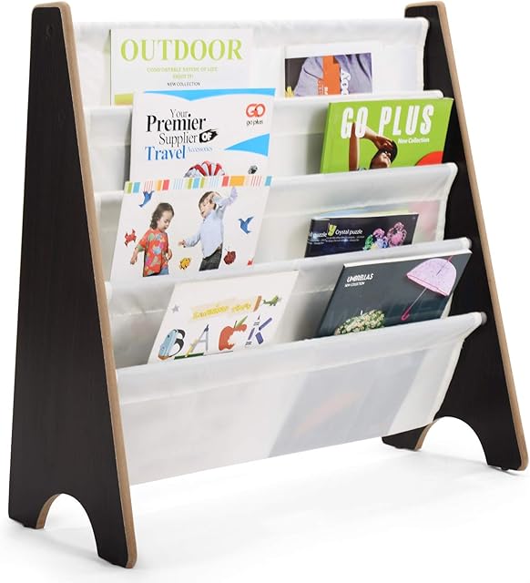 COSTWAY Kids Book Storage Rack, 4 Tier Sling Bookshelf with Fabric Shelves, Easy Access Children Bookcase for Toddlers Bedroom Playroom (Coffee)