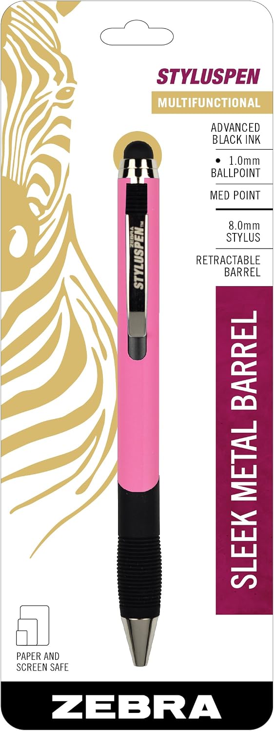 Zebra StylusPen Retractable Ballpoint Pen, Medium Point, 1.0mm, Black Ink, Pretty in Pink Barrel, 1-Count (33371)