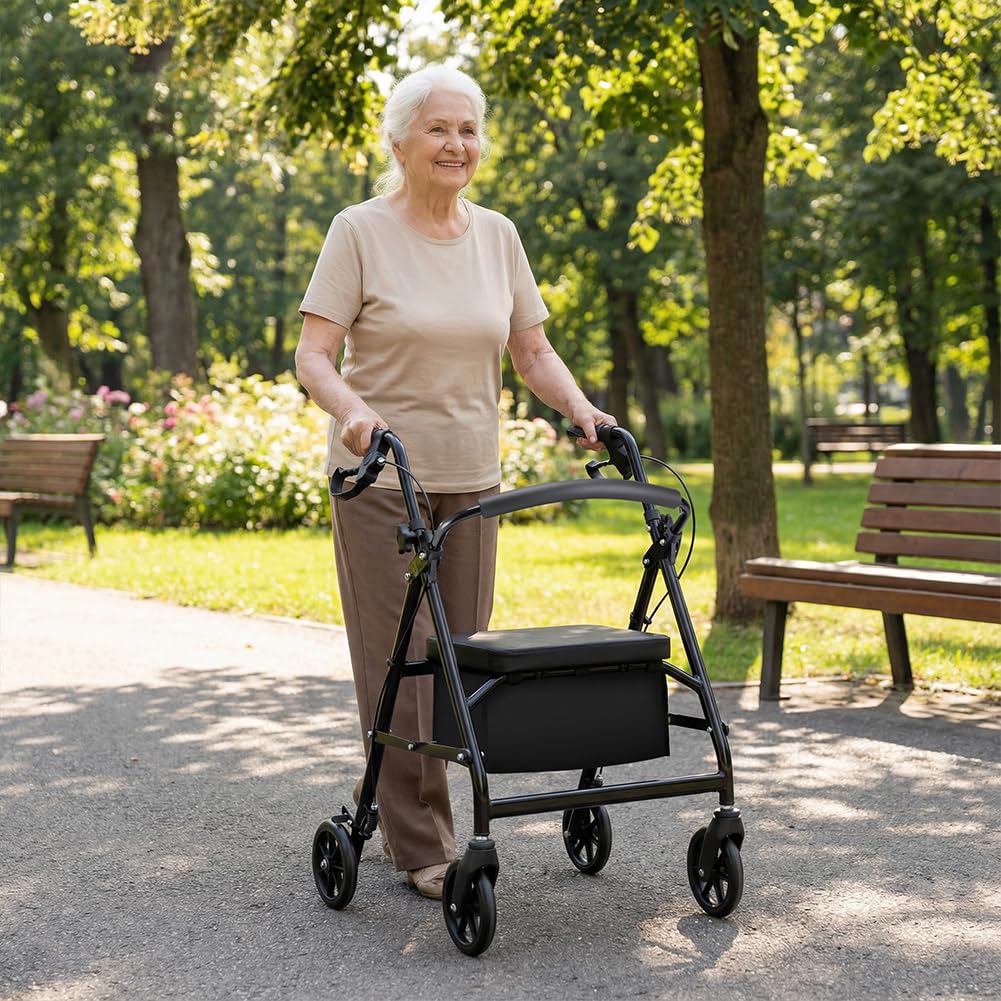 BAKAJI Andador plegable para ahorrar espacio con asiento para personas mayores, discapacitados y personas con movilidad reducida, andador con asas ergonómicas, asistencia con frenos y altura ajustable