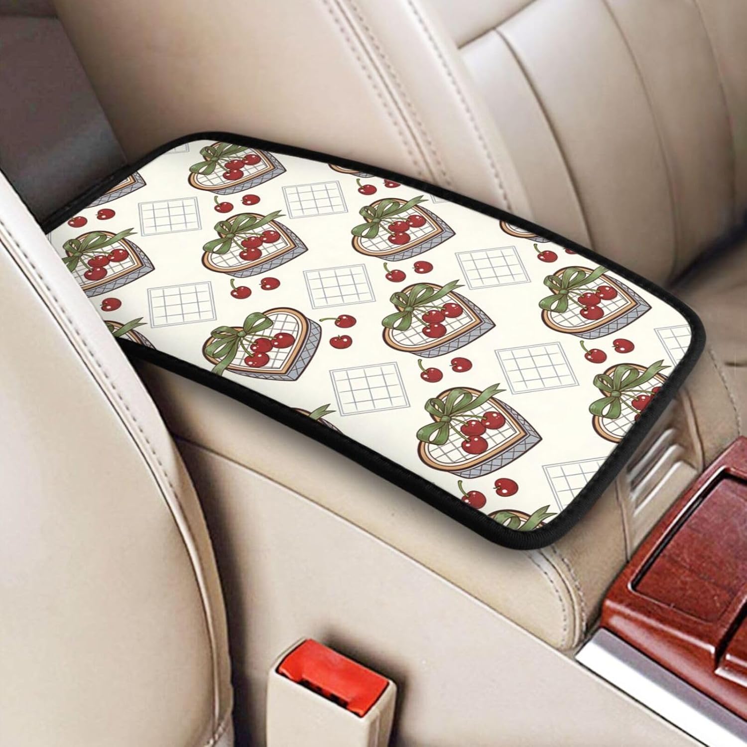 Heart Shaped Gift Box Cherries Cute Car Center Console Armrest Cover Pad