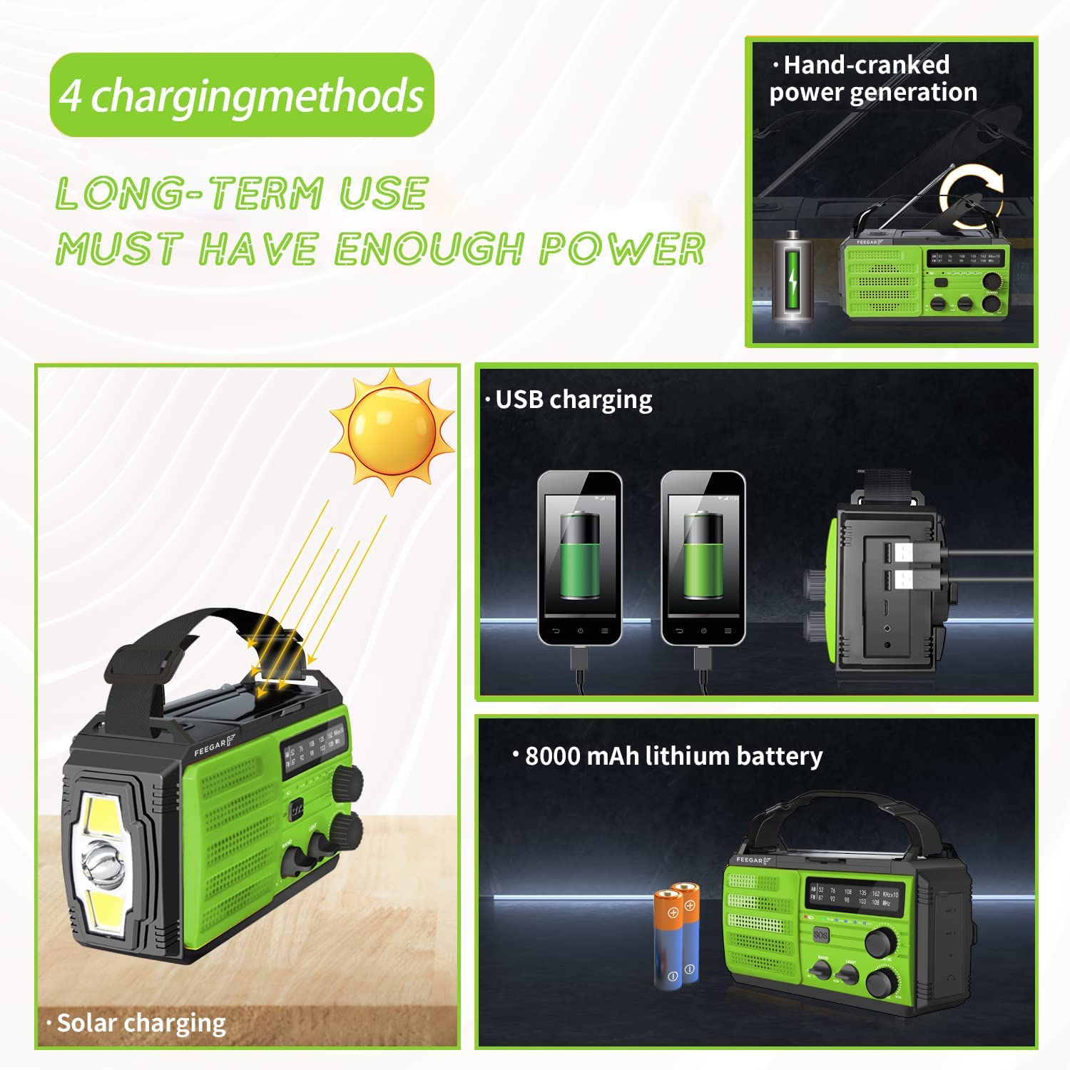 Feegar Oze 3 Pro Tragbar Solar Kurbelradio Notfall Handkurbel Wetter Radio mit AM/FM, 8000mAh Hand kurbel Notfall Radio Taschenlampen Bewegungssensor Leseleuchte USB Handy-Lader, SOS-Alarm Camping