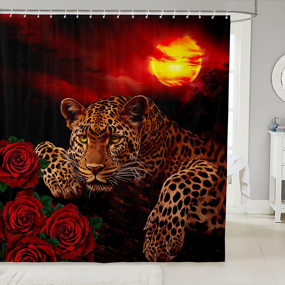 Sunset Shower Curtain Leopard Bathroom Shower Curtain Set for Kids Adult Red Rose Floral Cheetah Print Bath Curtain Wild Animal Waterproof Shower Curtain with Hooks for Bathtub Decor Luxury 72x84 Inch