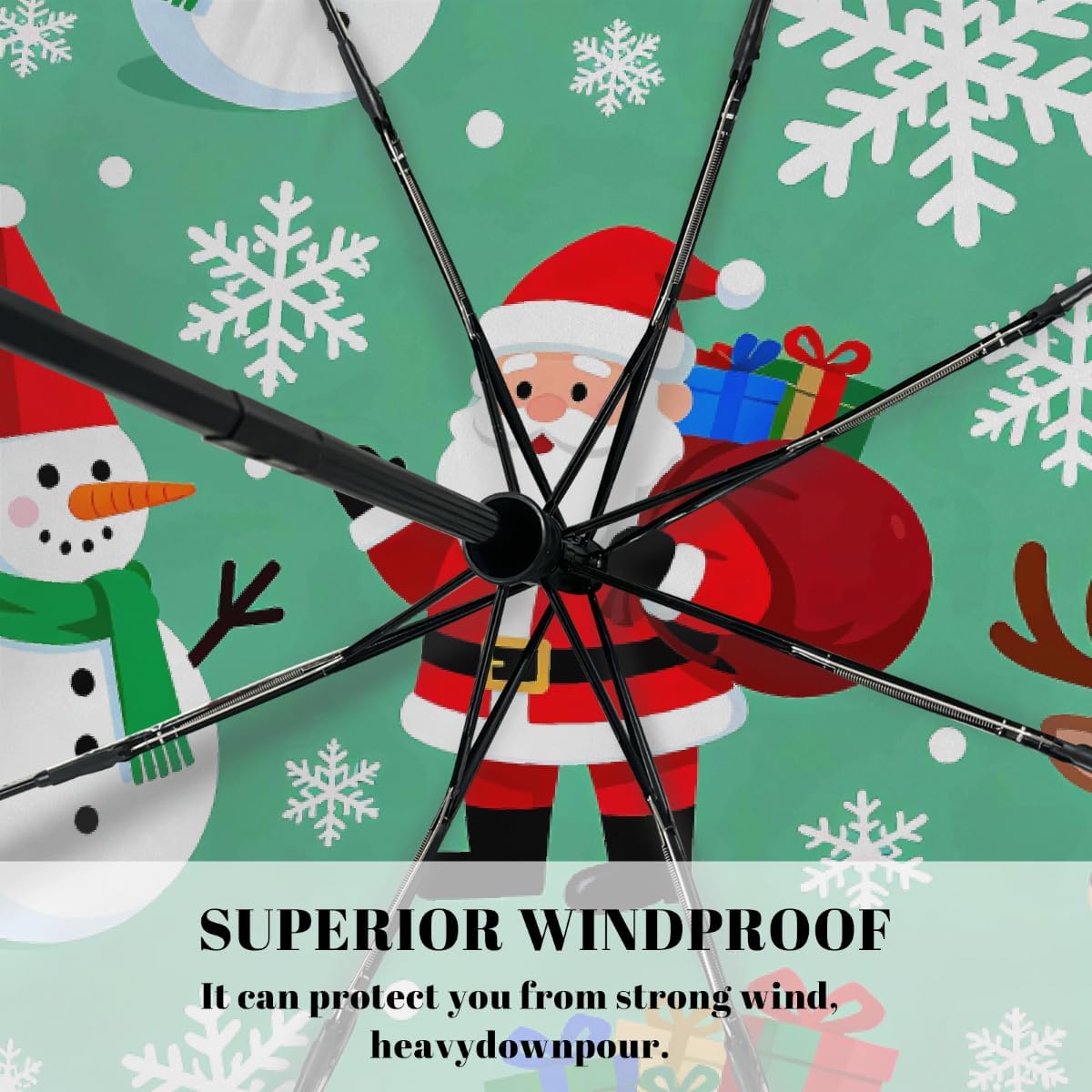 Cartoon Christmas Santa Claus Snowman Folding Umbrella Windproof Compact Lightweight Travel Umbrella with 8 Reinforced Ribs, Portable UV Sun & Rain Protection for Men & Women
