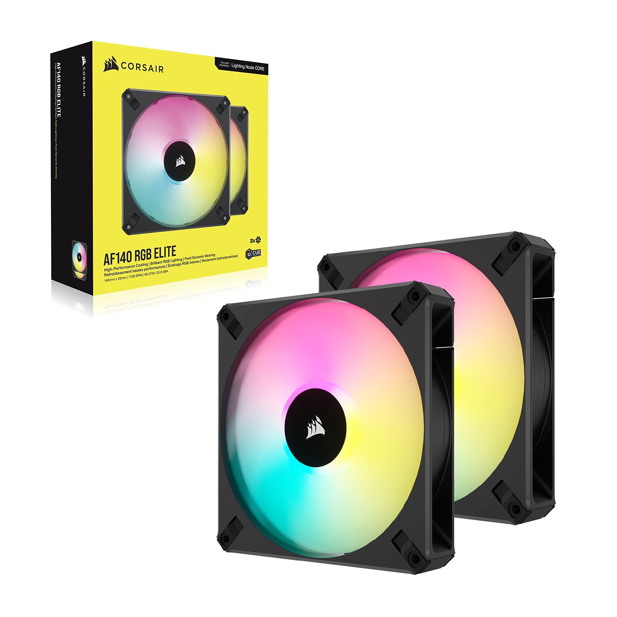 Corsair iCUE AF140 RGB ELITE da 140 mm Kit di Due Ventole PWM - Otto LED RGB su Ogni Ventola - Tecnologia AirGuide - Controller iCUE Lighting Node CORE Incluso - Nero