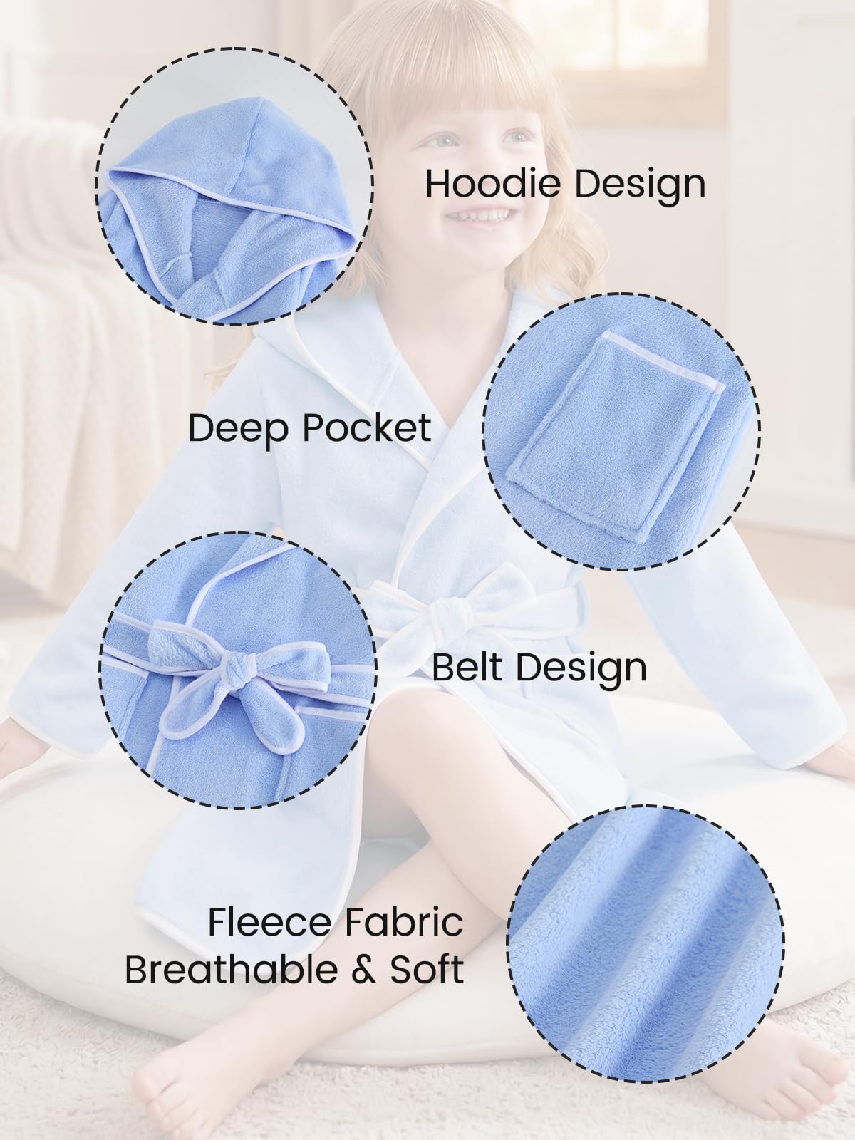 JiAmy Kinder Bademantel mit Kapuze Coral Fleece Leicht Morgenmantel mit Kontrastband Weich Saugfähig für Jungen und Mädchen
