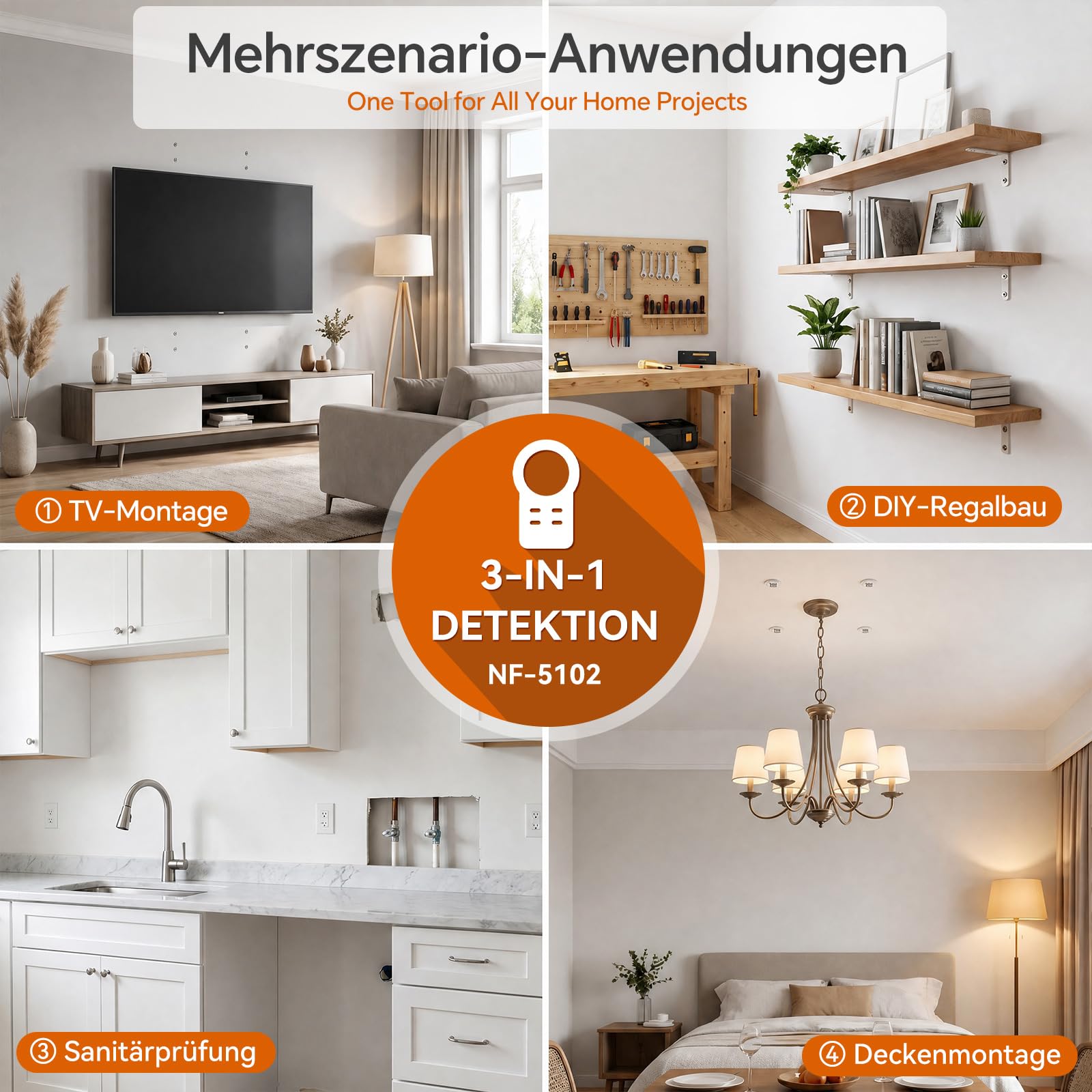 NOYAFA Leitungssuchgerät Ortungsgerät Leitungsfinder, Wiederaufladbar, HD-LCD-Display, für Metall, Holzbalken Mitte & Kante, AC-Stromleitung & Rohr