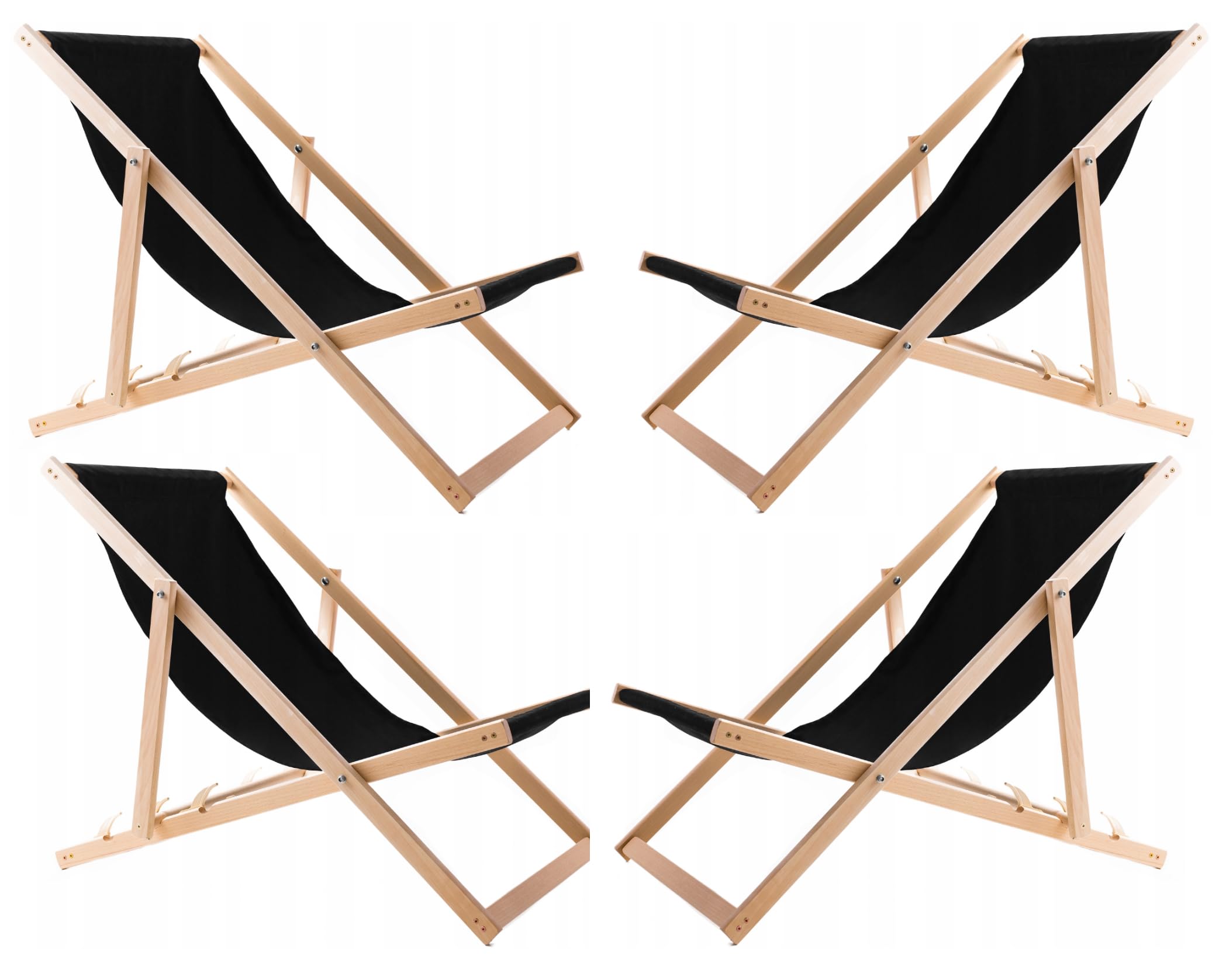WOODOK Set of 4 Beach Chairs Beech Wood Sun Lounger Garden Lounger for Beach, Garden, Balcony and Patio Lounger Foldable up to 120 kg (Black)