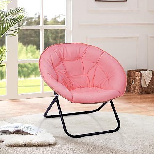 Miniatura 8 de Grezone Folding Faux Fur Saucer Chair,Portable Folding Soft Moon Chair for Bedroom, Dorm Rooms, Apartments, Lounging, Garden and Courtyard, Pink