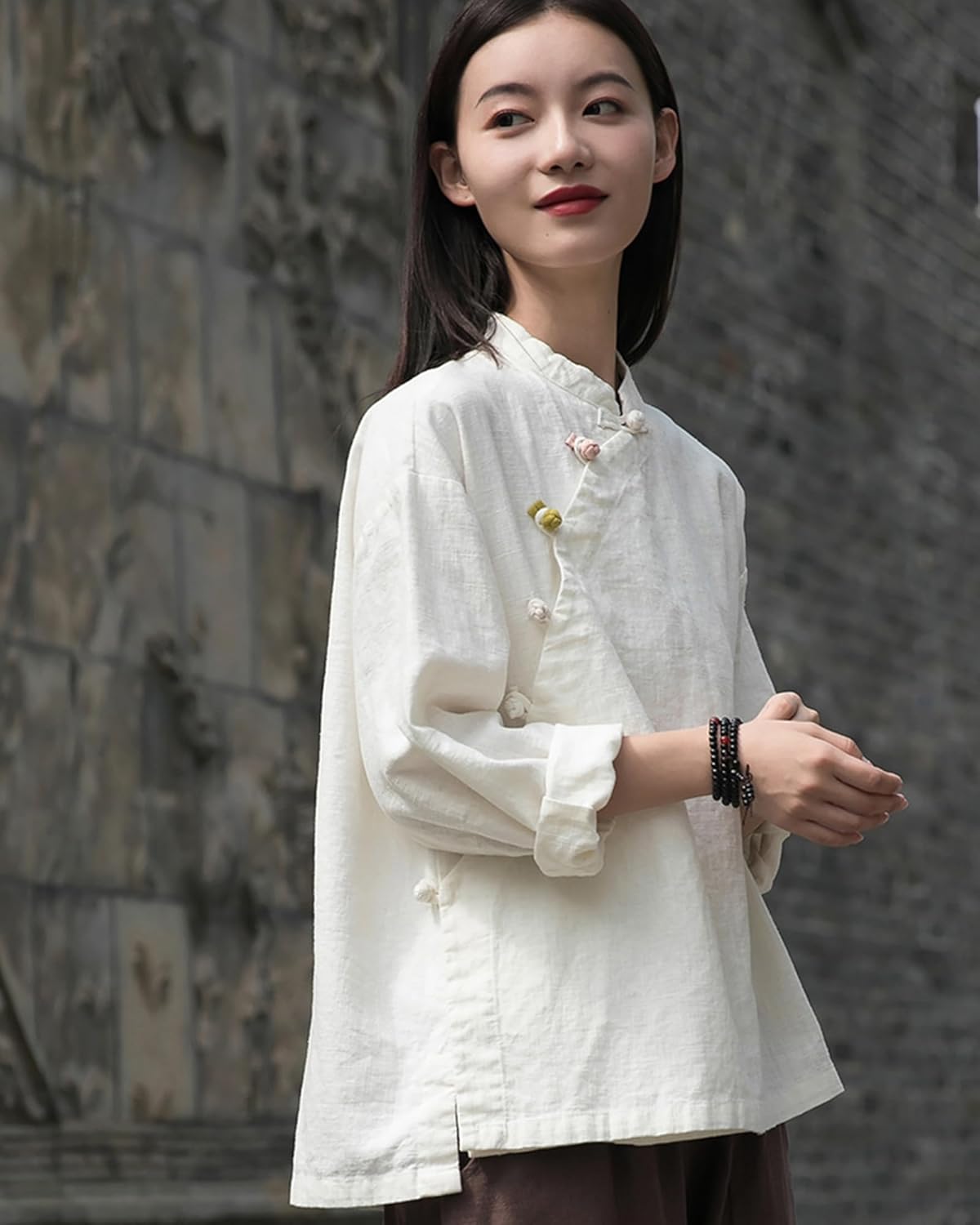 LUZU JUNU Women's Elegant Cotton Linen Blouse Tops Long Sleeve Casual Loose Fit Shirt