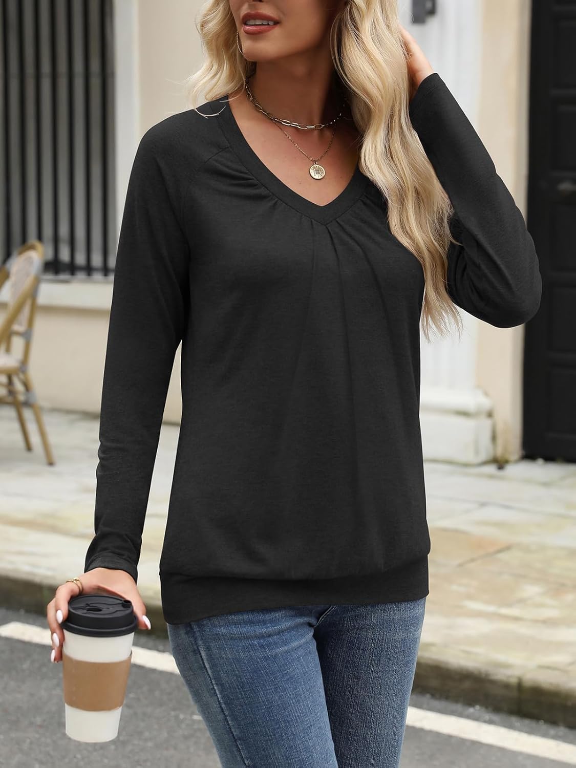 Womens V Neck Long Sleeve Shirts Banded Bottom Pleated Tops Fall Dressy Casual Blouses 2025 - Image 4