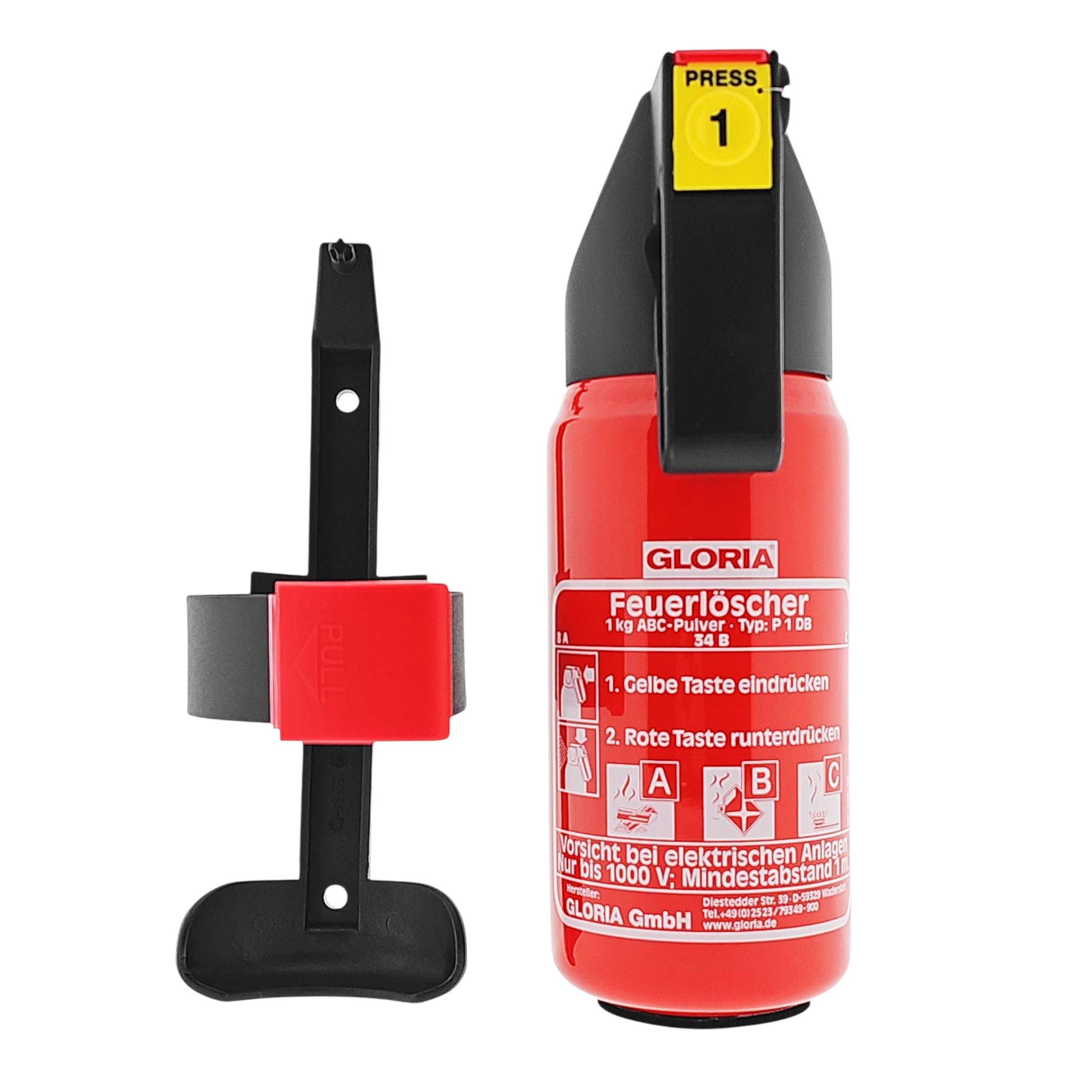 2X Gloria KFZ Auto-Pulverlöscher P1DB, 1kg Brandklasse ABC Halterung u. Plakette