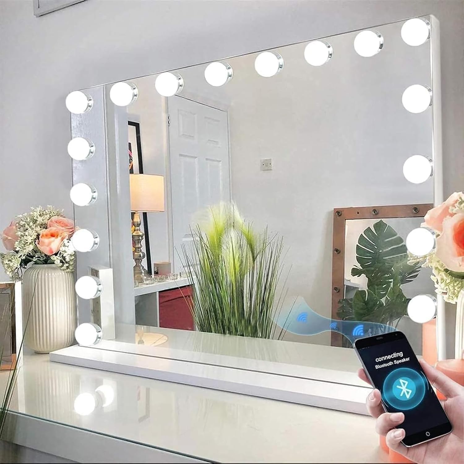 FENCHILIN Espejo Grande de Pared, de Maquillaje con Altavoz. Tocador con 18 Lámparas LED Regulables Puerto de Carga USB. Hollywood con Luz de Mesa 80x58cm