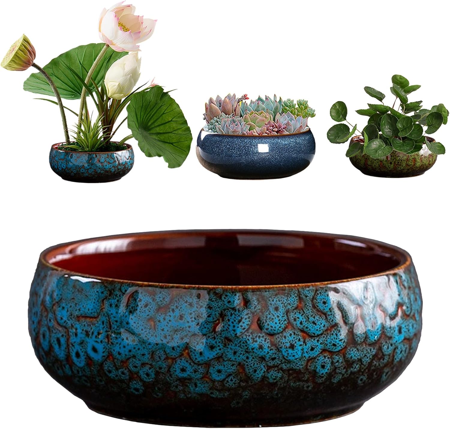 Lotus Flower Bowl Planter 6.6" Round Pot– Ceramic Shallow Succulent & Water Lotus Pot – Wide Low Ceramic Bowl for Bonsai Indoor Decor