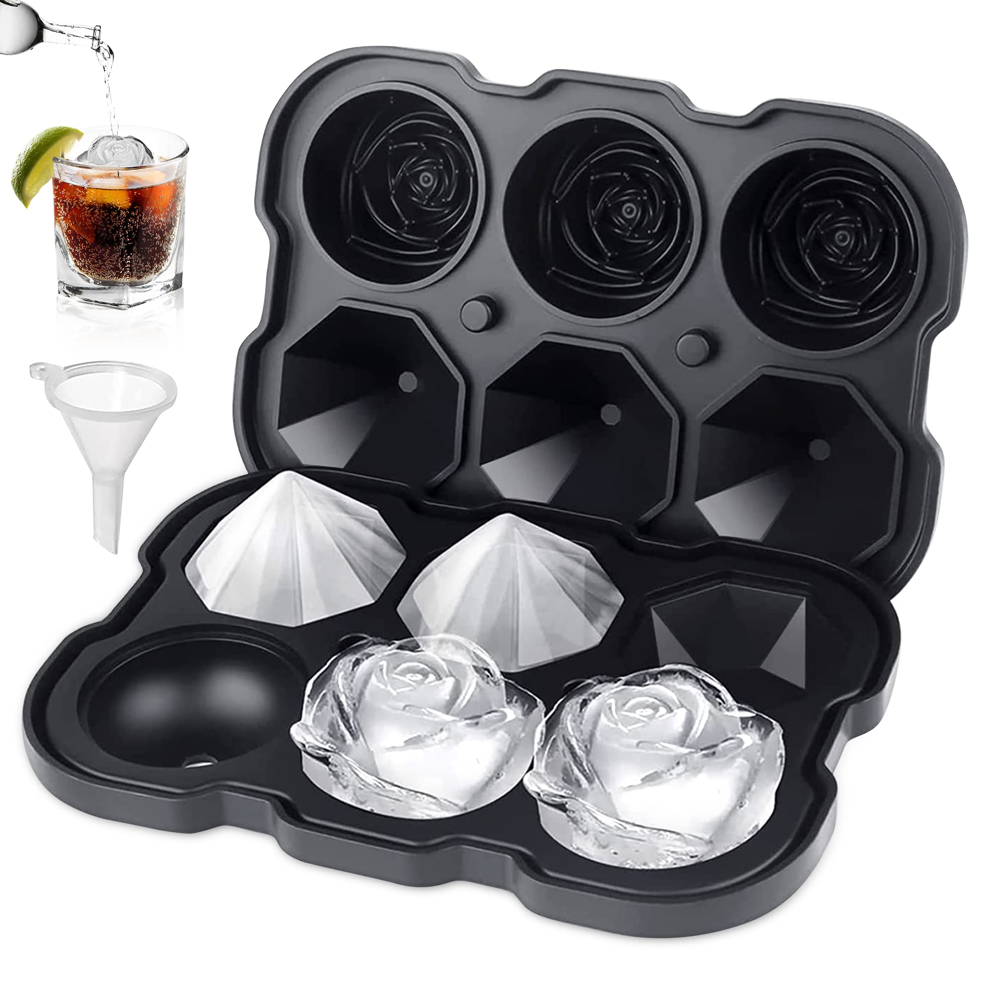 Rose Ice Cube Tray,ZACHDEE 2" Flower Silicone Ice Cube Tray With Covers,6 Easy Release Large Ice Ball for Cocktails, Drinks, Whiskey, Bourbon &