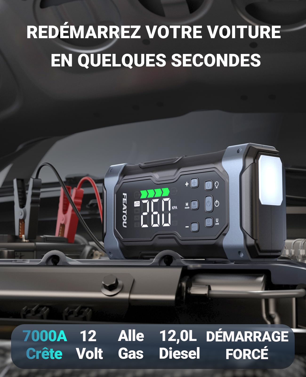 7000A Booster Batterie Voiture avec Gonfleur, Chargeur Demarreur Booster de Batterie Voiture Tous Essence et 12L Diesel, Charge Rapide 30 W, Portable Démarreur d'halloween avec 12V Compresseur