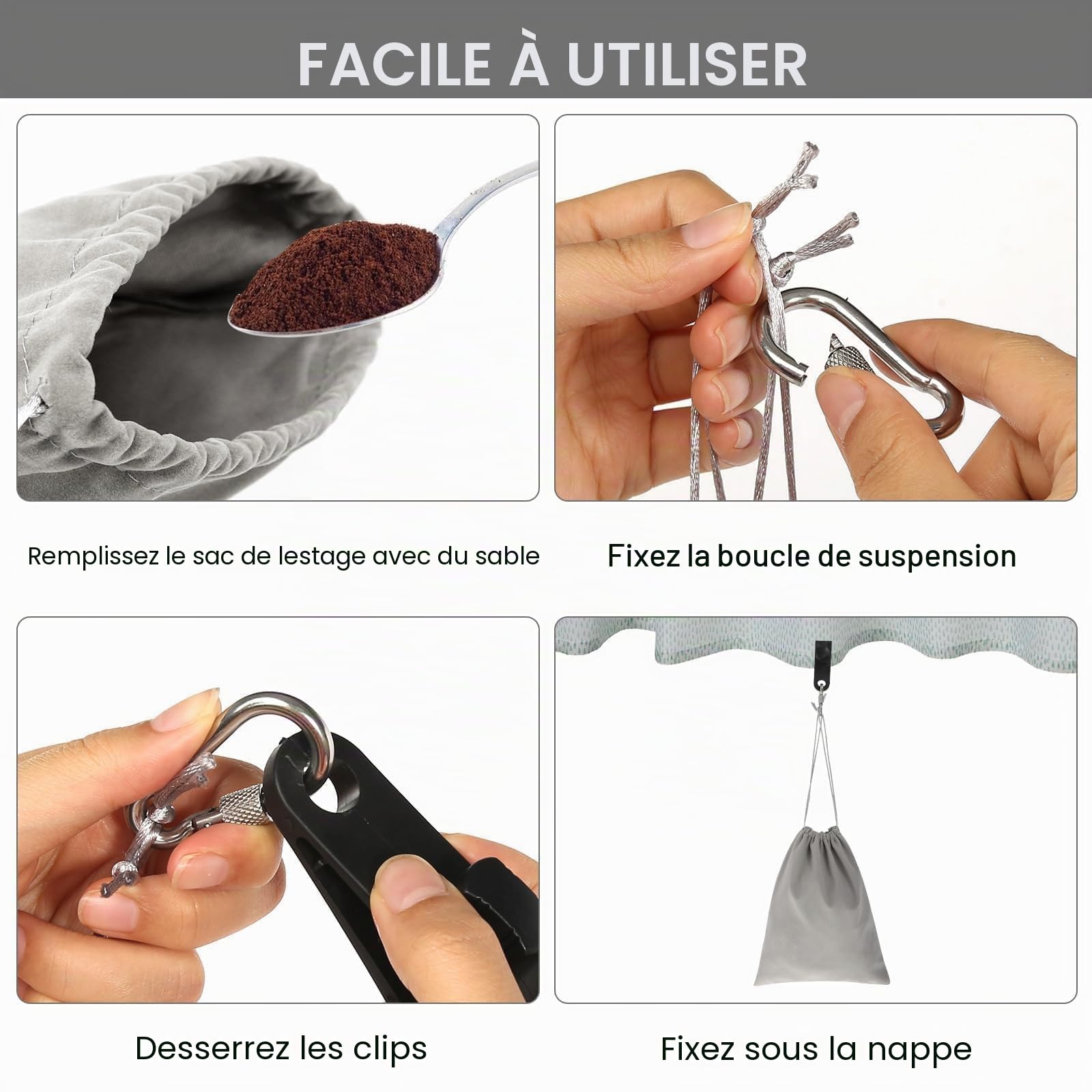 Lot de 10 sacs de lestage portables pour tonnelle, 20 x 25 cm, sacs de lestage en toile avec 12 mousquetons et clips