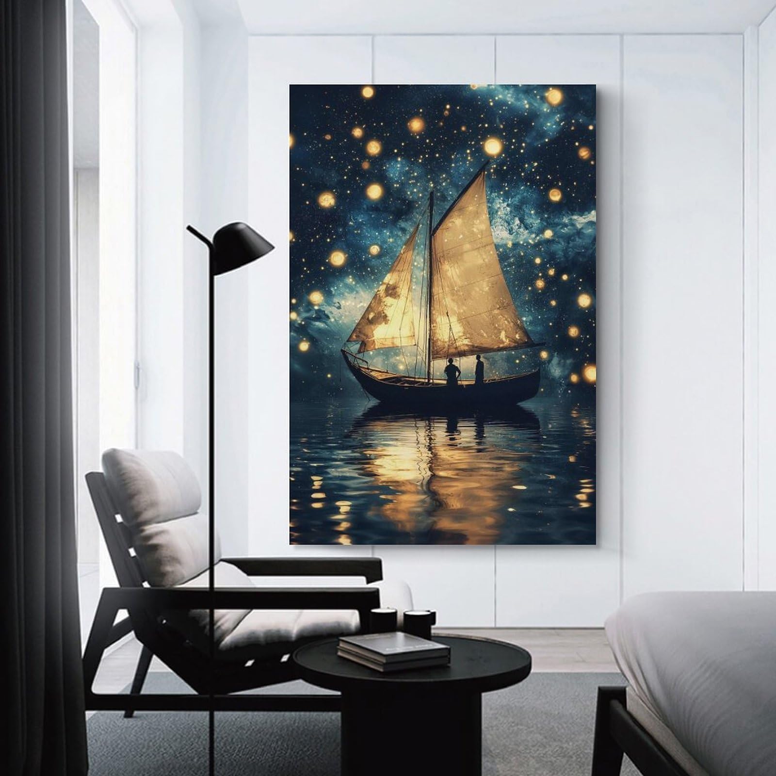 Junmoney Unframe-Style-15 Canvas Art Print Sailboat Under A Starry Sky, 20X30inch(50X75cm), For Office, Study Or Home Workspace, Wall Art That Adds Style To Work Areas