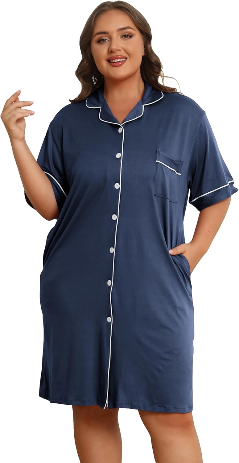 Vozanet Women Button Down Nightgown Plus Size Nursing Nightshirt Boyfriend Nighty Bridal Sleepdress with Pockets XL-5XL