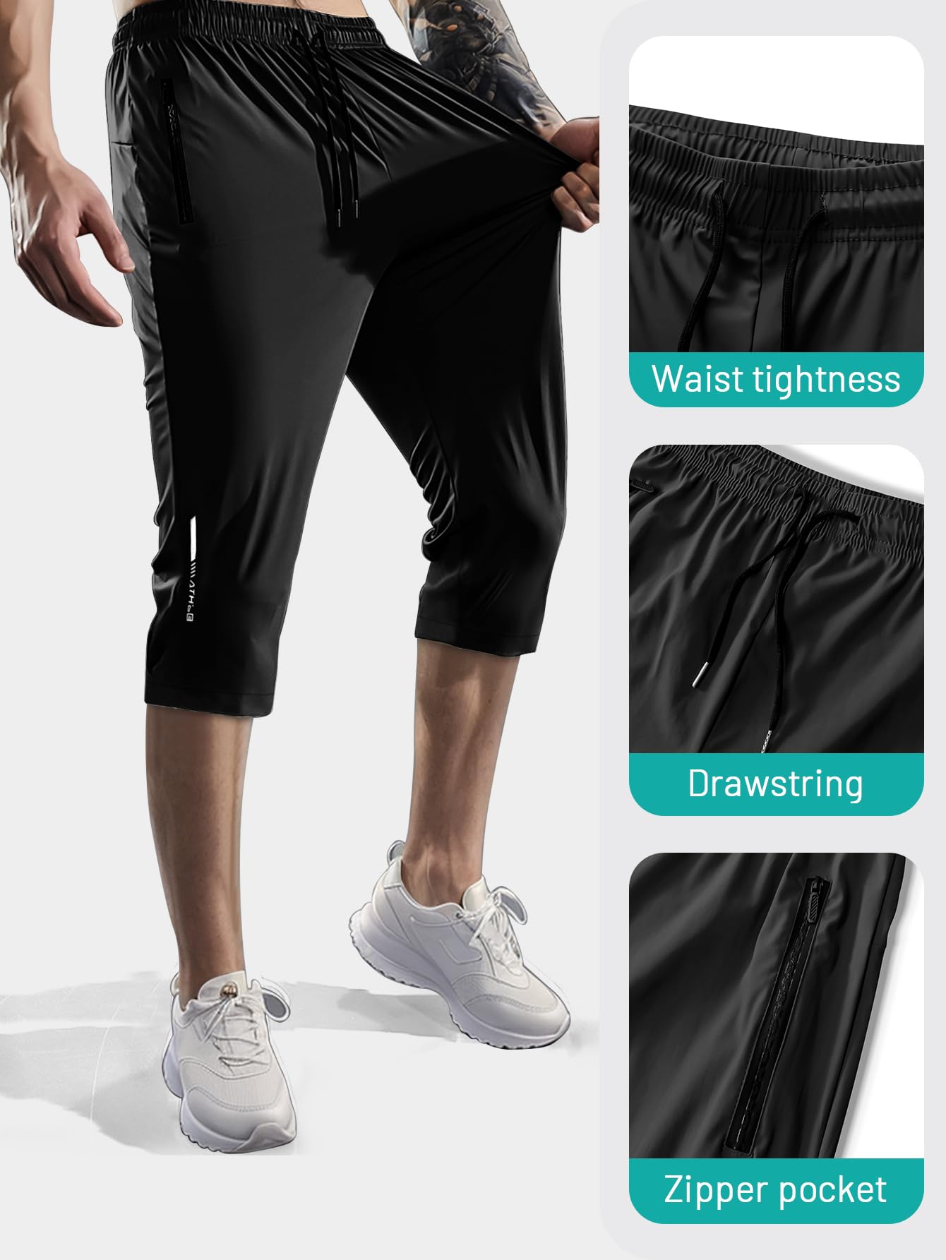 Hidkat Męskie spodnie capri 3/4 joggery siłownia / trening / wędrówki poniżej kolan długie szorty lekkie szybkoschnące z kieszeniami na zamek błyskawiczny