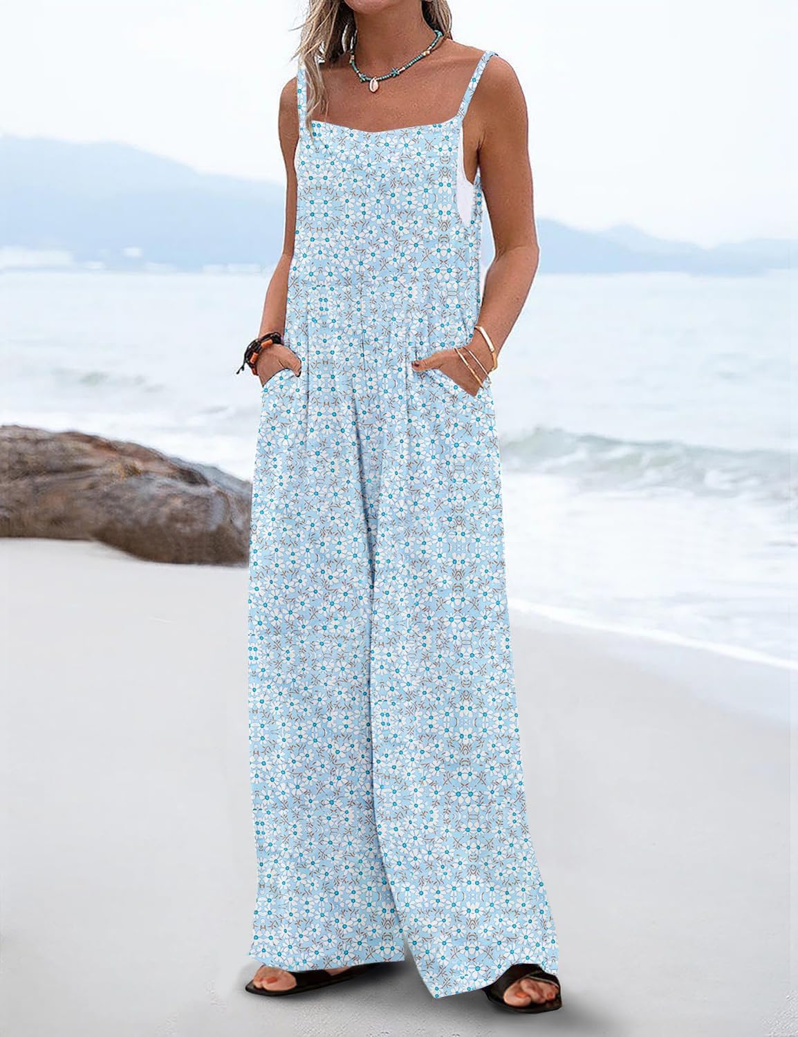 Muchpow Women's Summer Casual Boho Jumpsuits Sleeveless Adjustable Straps Wide Leg Floral Rompers Overalls with Pockets 2026 - Image 2