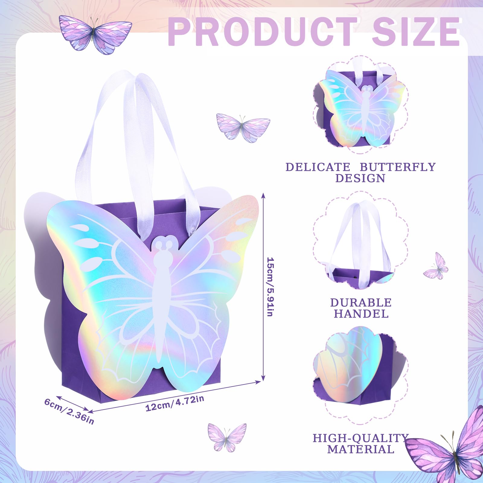 Sweetude 12 Pcs Holographic Butterfly Party Favor Bags Iridescent Purple Butterfly Goodie Bags for Spring Birthday Gift Treat Candy Baby Shower Party Bridal Showers Supplies