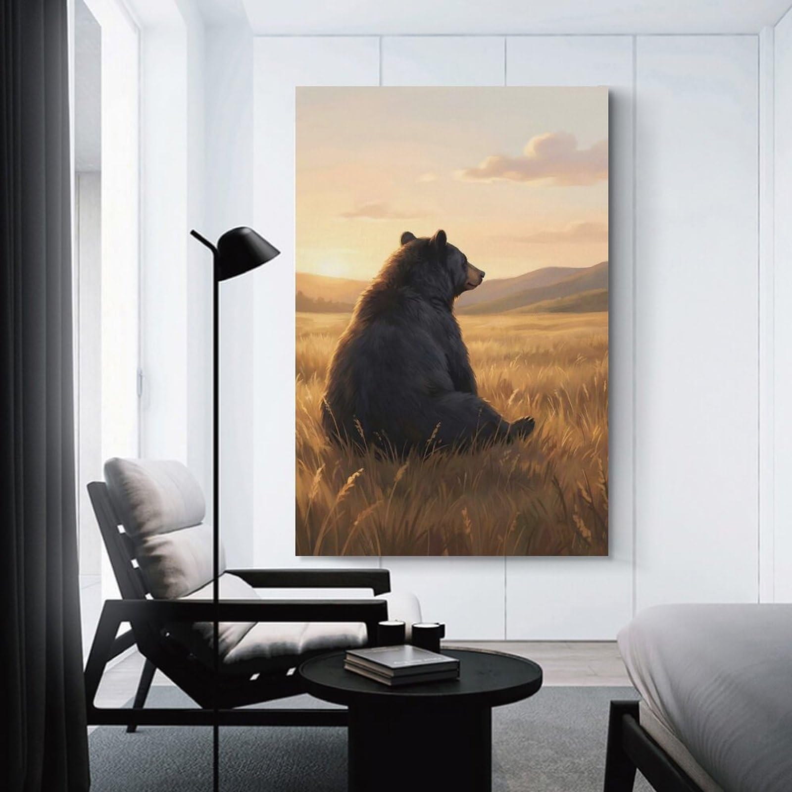 Junmoney Decorative Canvas Print Contemplative Bear in Golden Field, 20x30inch(50x75cm), for New Homes, Bedrooms Or Workspaces, Thoughtful Wall Decor for Art Lovers