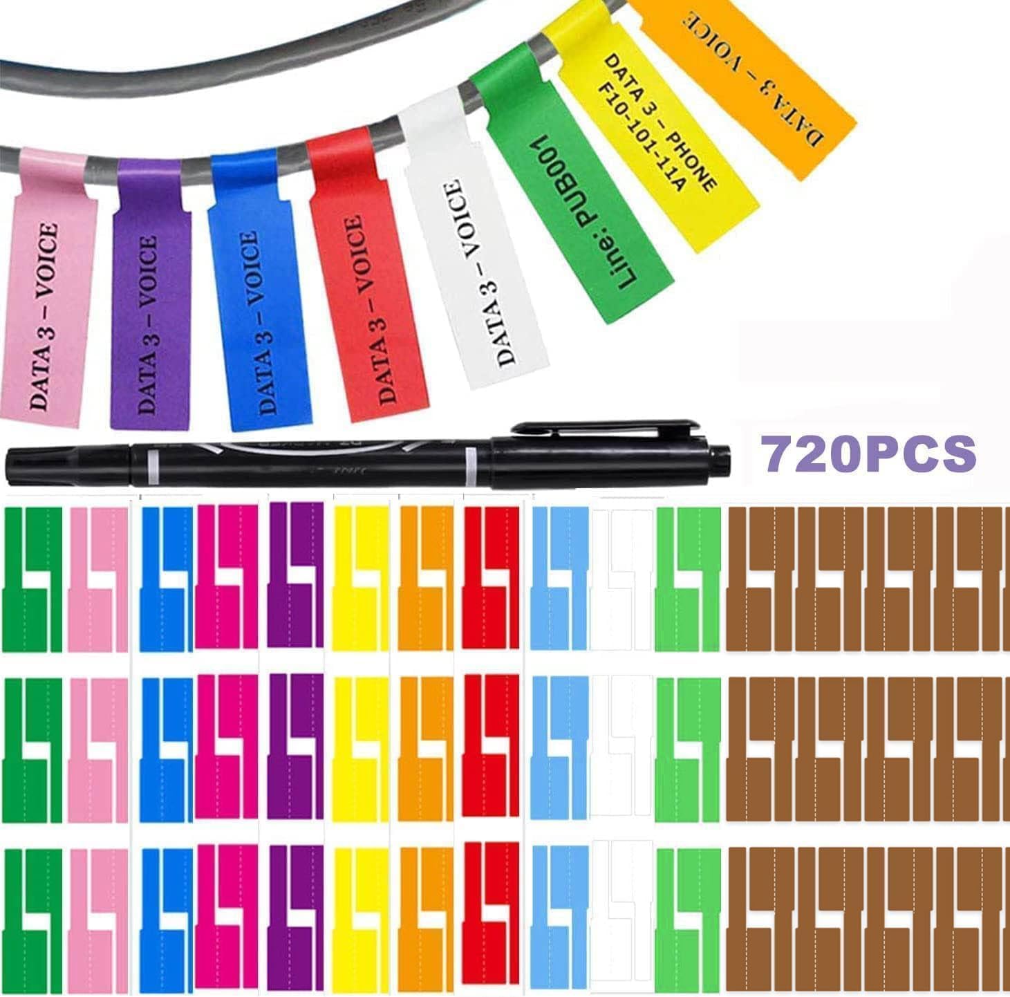 BetterJonny 720PCS Waterproof Cable Tags - Self-Adhesive, Tear-Resistant Wire Labels for Cable Management - 12 Colors, Laser Printer and Handwriting Compatible
