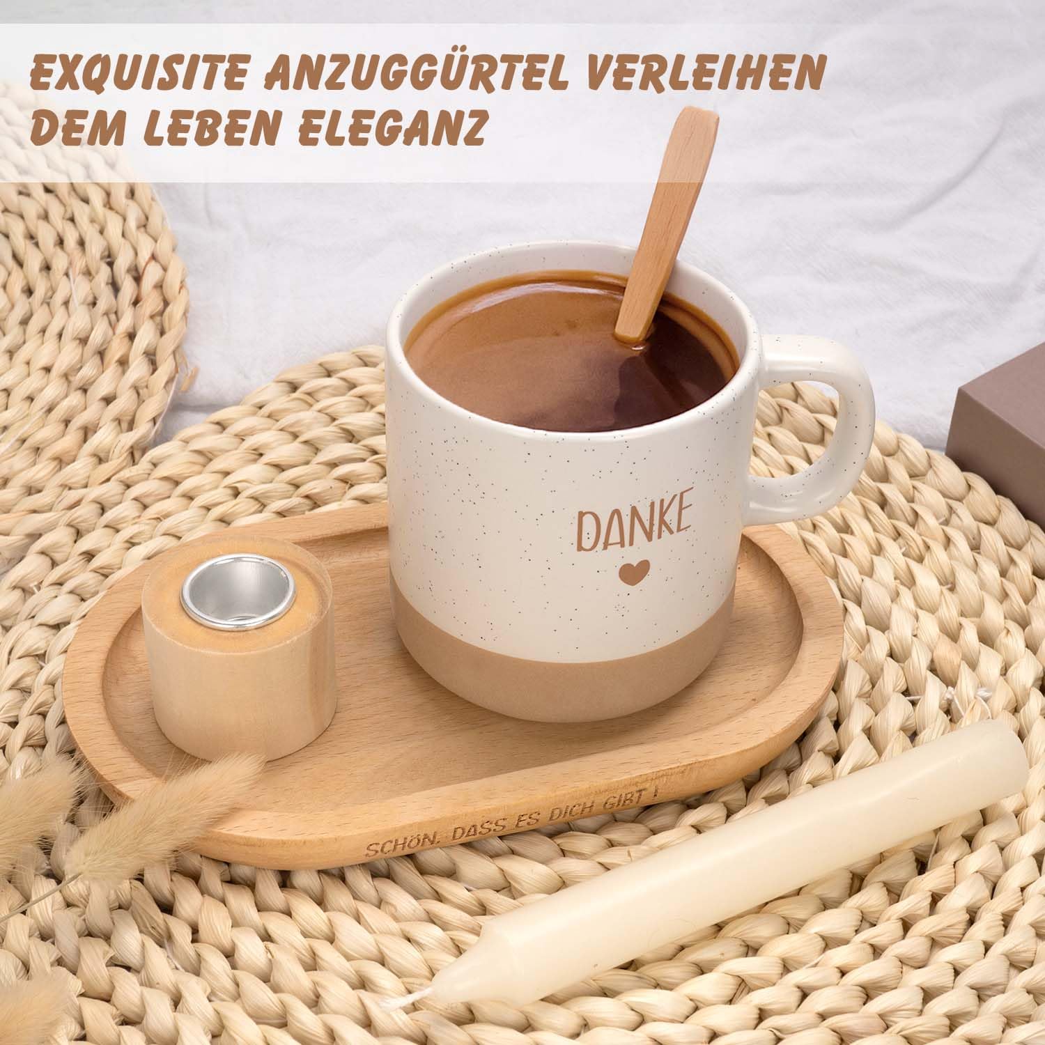 Dankeschön Geschenke Set Geburtstagsgeschenk für Frauen Männer Beinhaltet Holztablett Tasse Kerze Löffel Kerzenständer Personalisierte Geschenke für Mama Hebamme Kollegen Freunde