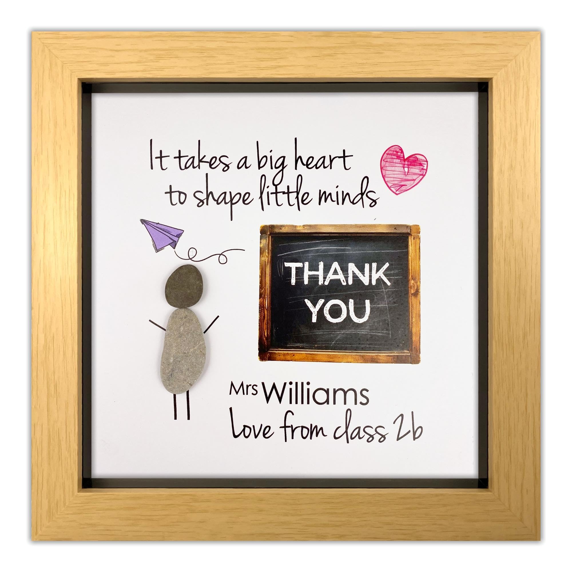 Handmade Thank You Teacher Pebble Picture Gift, Fully Personalised, 8 Inch Frame, End of Year Present, Teacher and Pupil (Wood Effect Frame)
