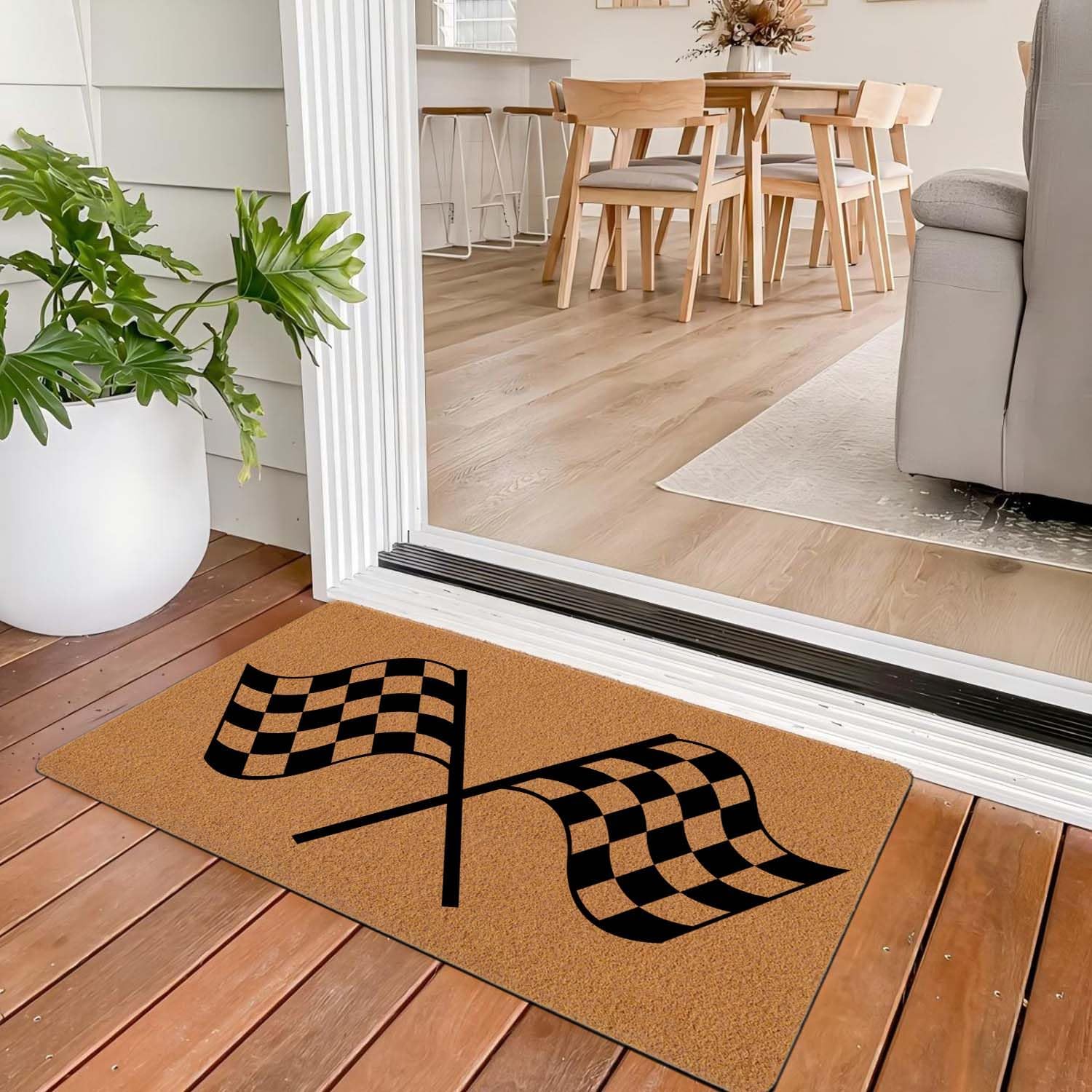 Welcome Door Mat Outdoor Indoor Entrance, Low-Profile Floor Mats Checkered Finish Racing Arrival Flag Non Slip Durable Entrance Rugs for Entry, Patio, High Traffic Areas Front Door, 17" x 29.5"