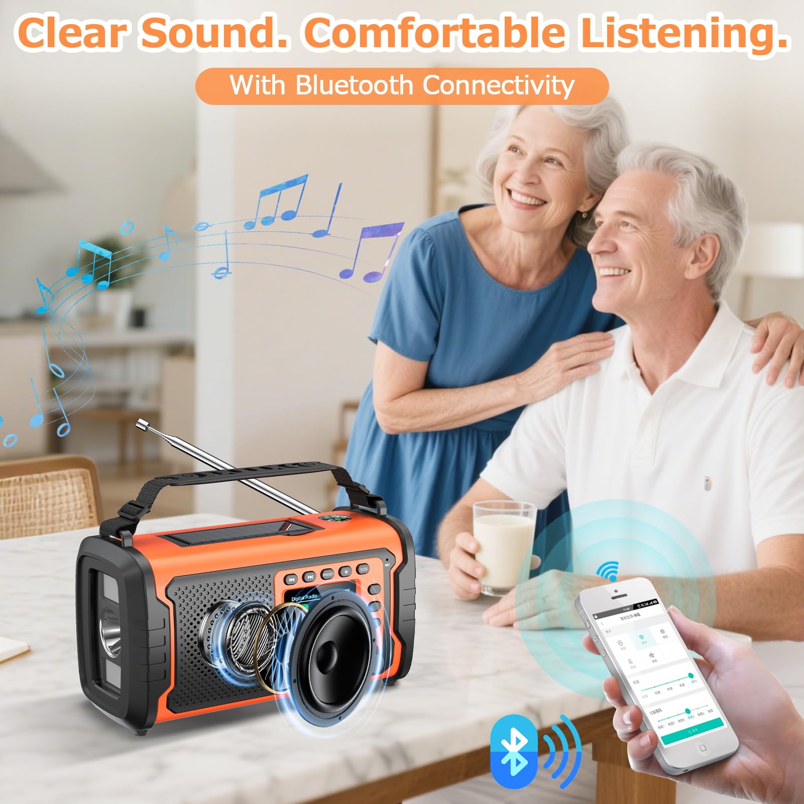27000mAh DAB/DAB+ Notfallradio mit Kurbel, Solar & USB Laden, Bluetooth 5.3, Powerbank-Funktion, SOS Signal, Heller Taschenlampe, Leselampe, Kompass, TF-Karte und robustem Outdoor-Design, Orange