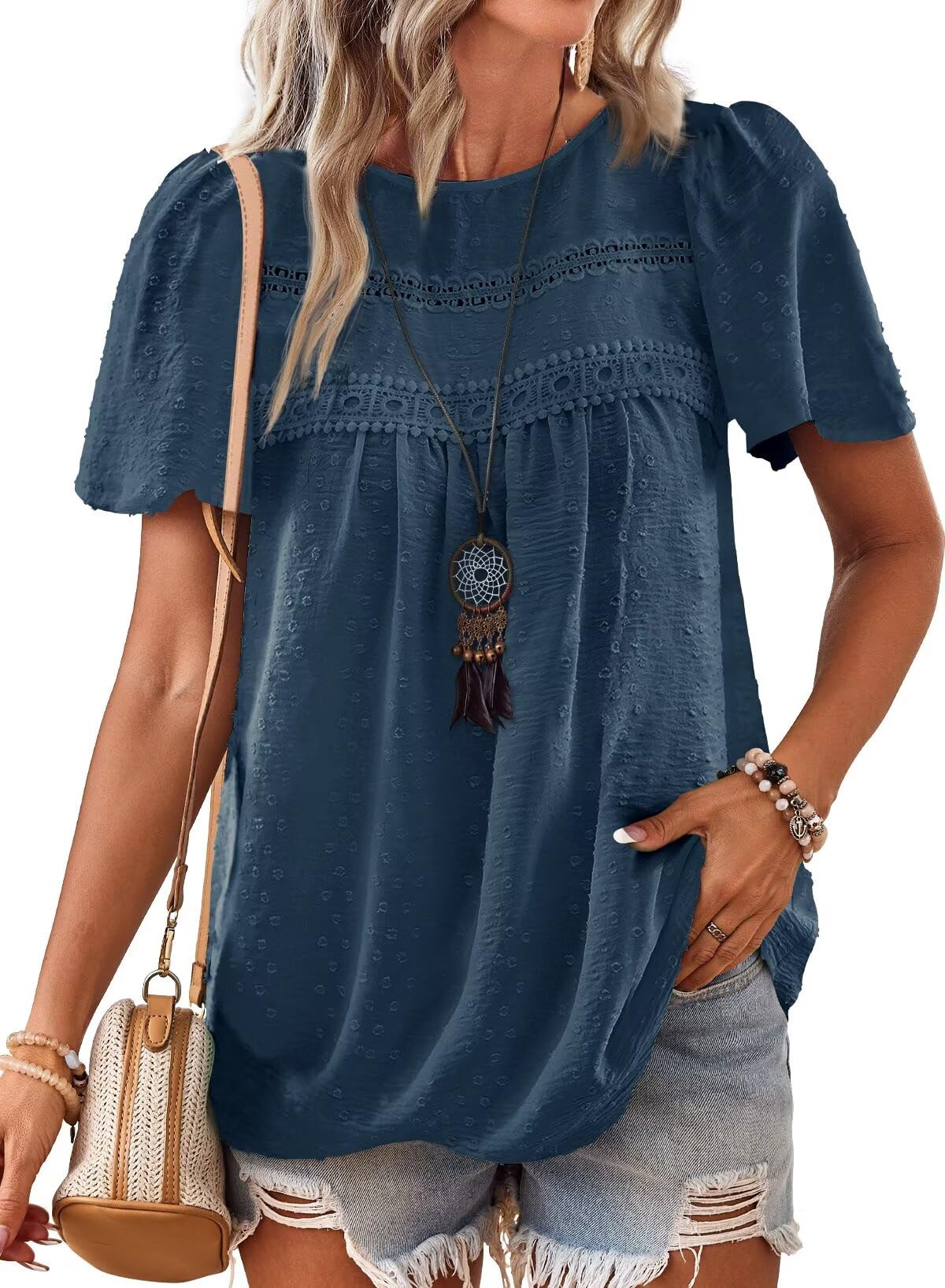 Falechay Womens Summer Tops Crewneck Short Sleeve Shirts Casual Chiffon Blouses Flowy Lace Hem Boho Clothing Trendy 2026