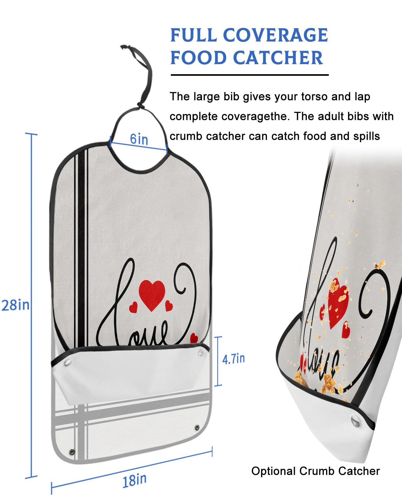 Valentines Adult Bibs for Eating, Waterproof Bibs with Food Catcher & Adjustable Snap Closure, Red Love Heart Vintage Black Striped Washable Clothing Protectors Adult Bibs for Elderly Women/Men
