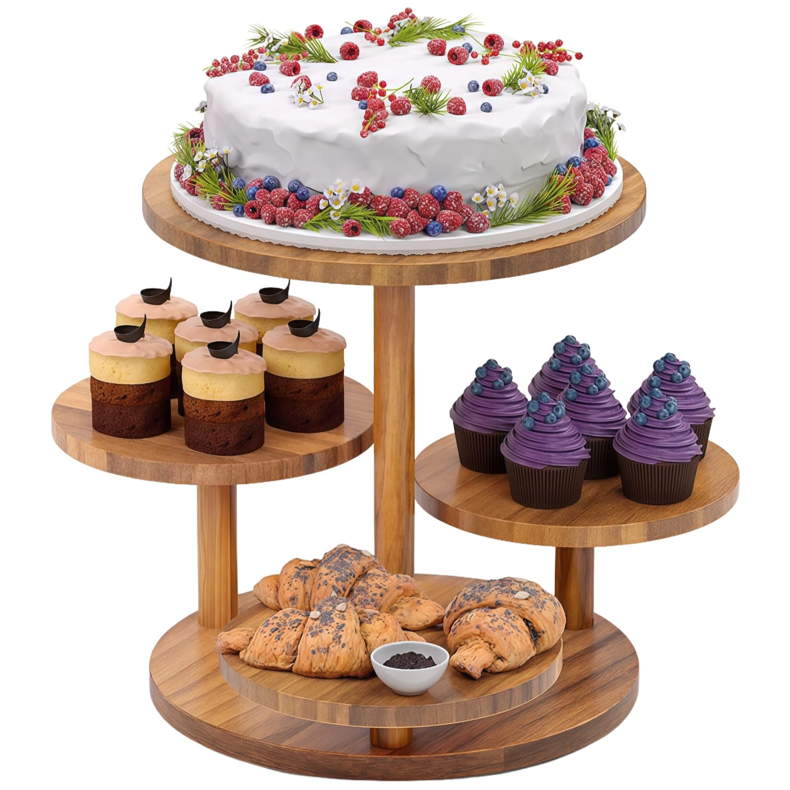 Packool Brown Wooden Cupcake Tower Stand, Rustic Sturdy 4-Tier Round Cake Stand Cupcake Display Holder Dessert Stand For Birthday Party