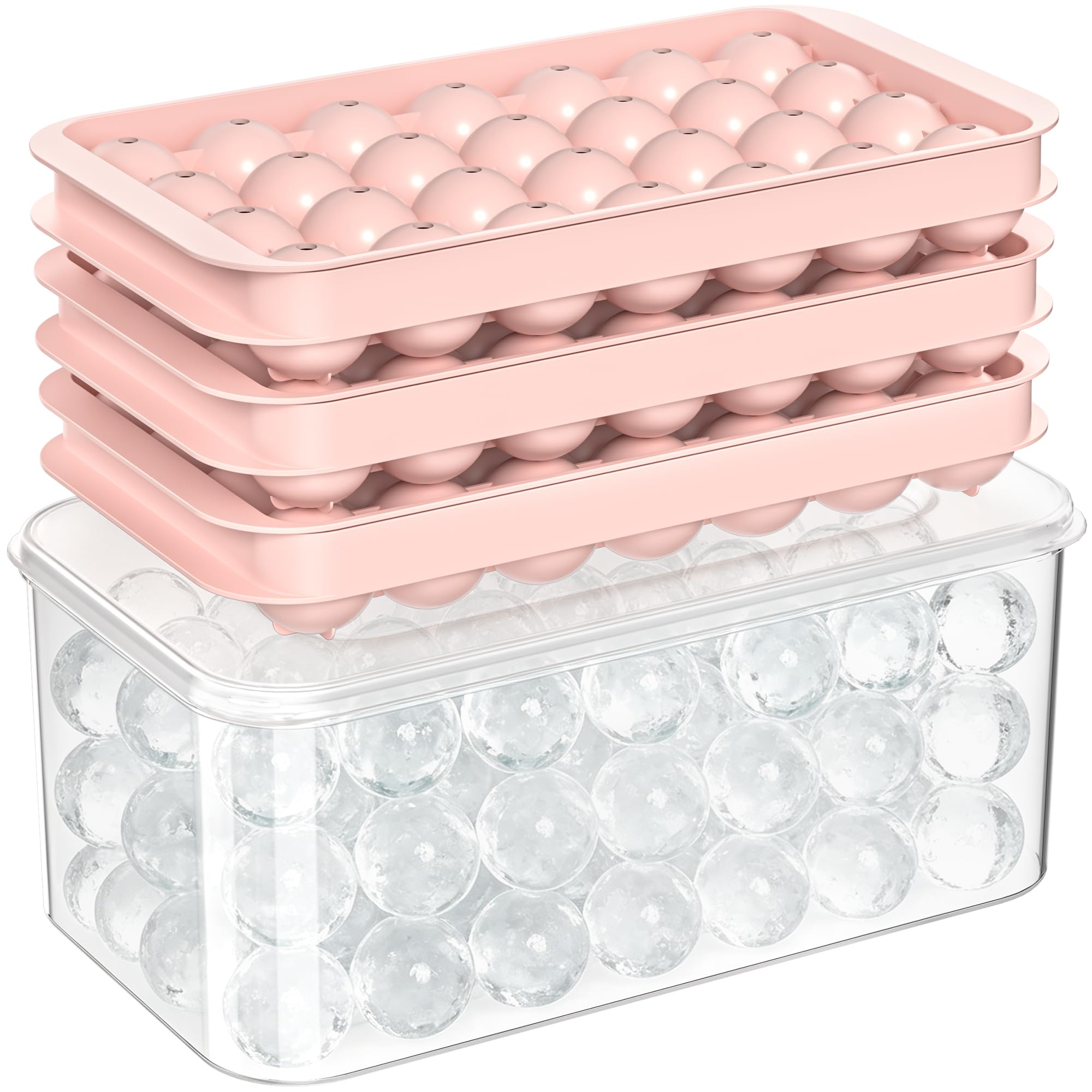 Ice Cube Tray with Lid and Bin - 3 Pack for 0.95 Inch Mini Ice Ball (Pink)