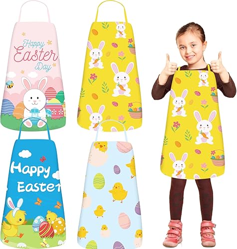 CAMDUCK 4 delantales de Pascua para niños, lindo delantal de conejo para niños, delantal ajustable impermeable para niños, delantal de pintura de